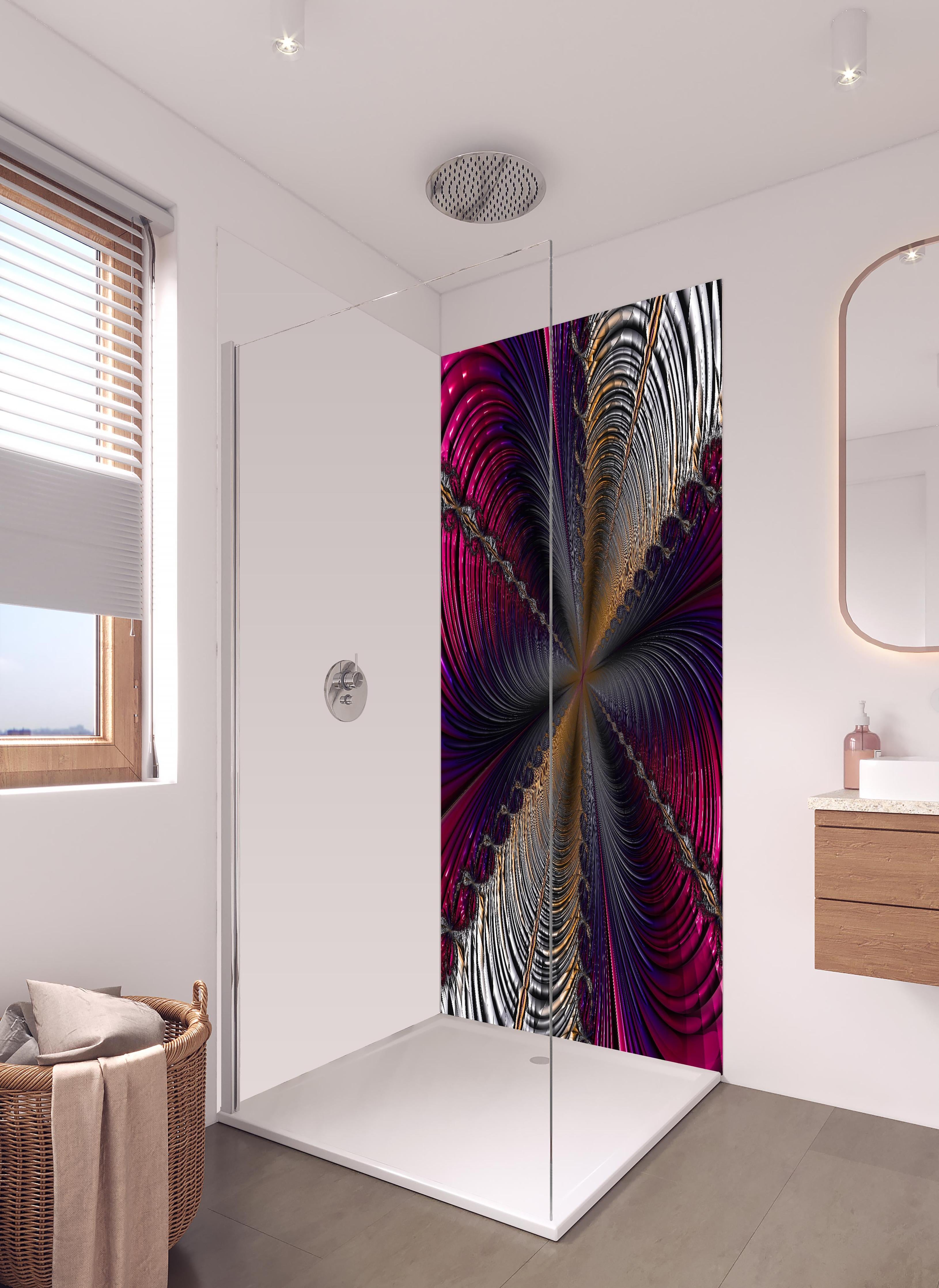 Duschrückwand - Abstrakter lila Tunnelblick in hellem Badezimmer mit Regenduschkopf - zweiteilige Eck-Duschrückwand