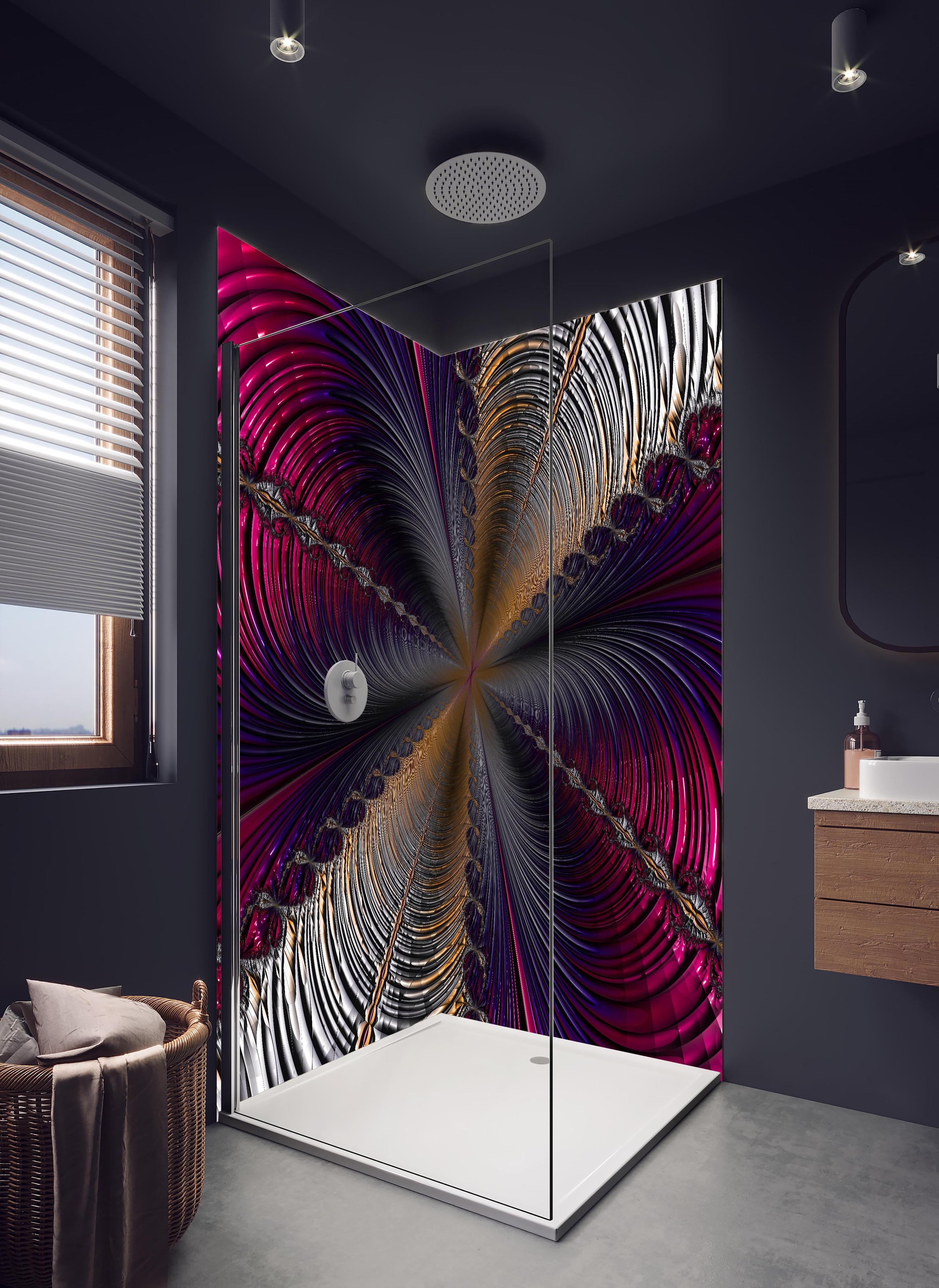 Duschrückwand - Abstrakter lila Tunnelblick in hellem Badezimmer mit Regenduschkopf - zweiteilige Eck-Duschrückwand
