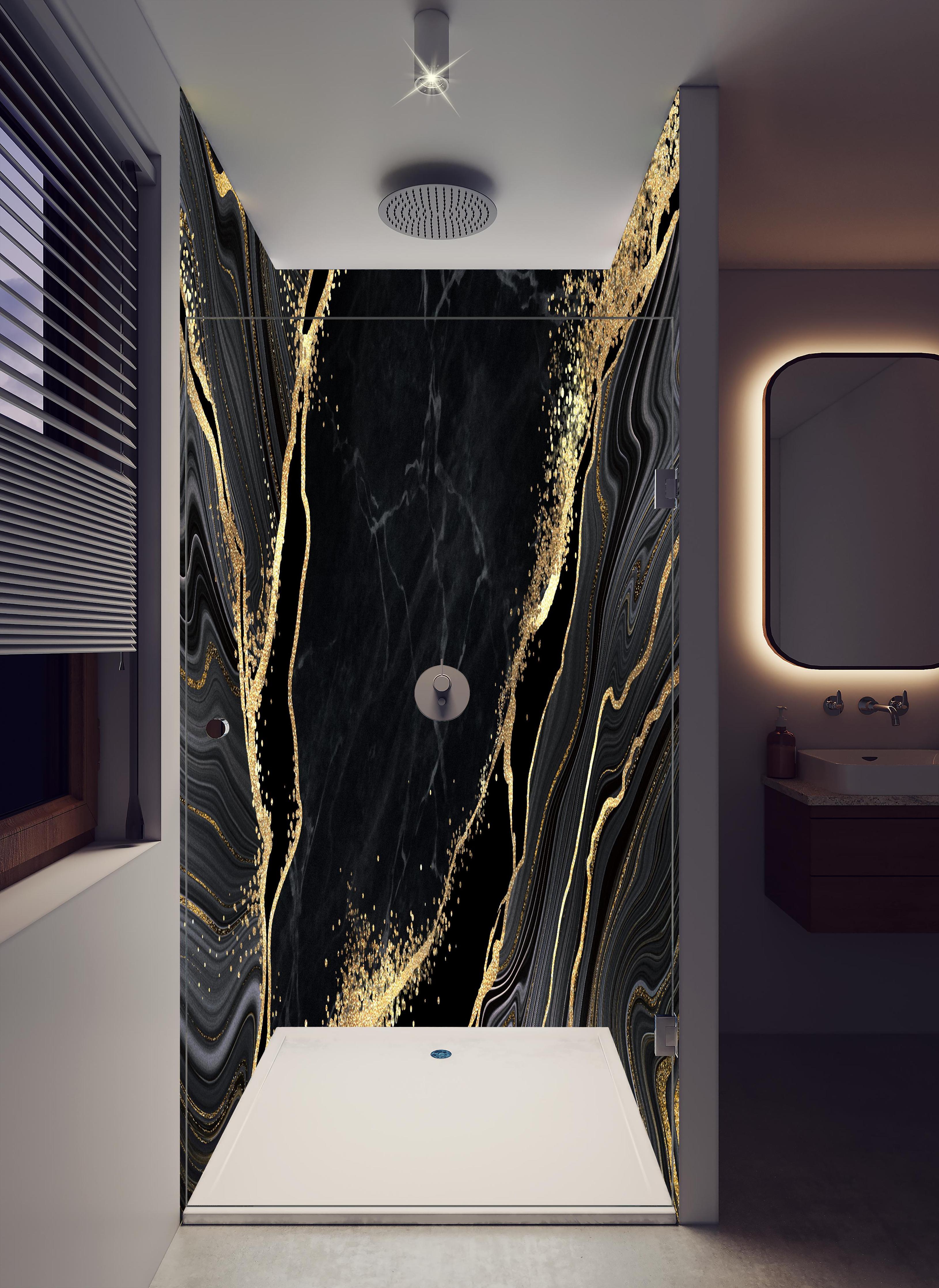 Duschrückwand - Abstrakter schwarzer Marmor mit goldenen Adern in hellem Badezimmer mit Regenduschkopf - zweiteilige Eck-Duschrückwand
