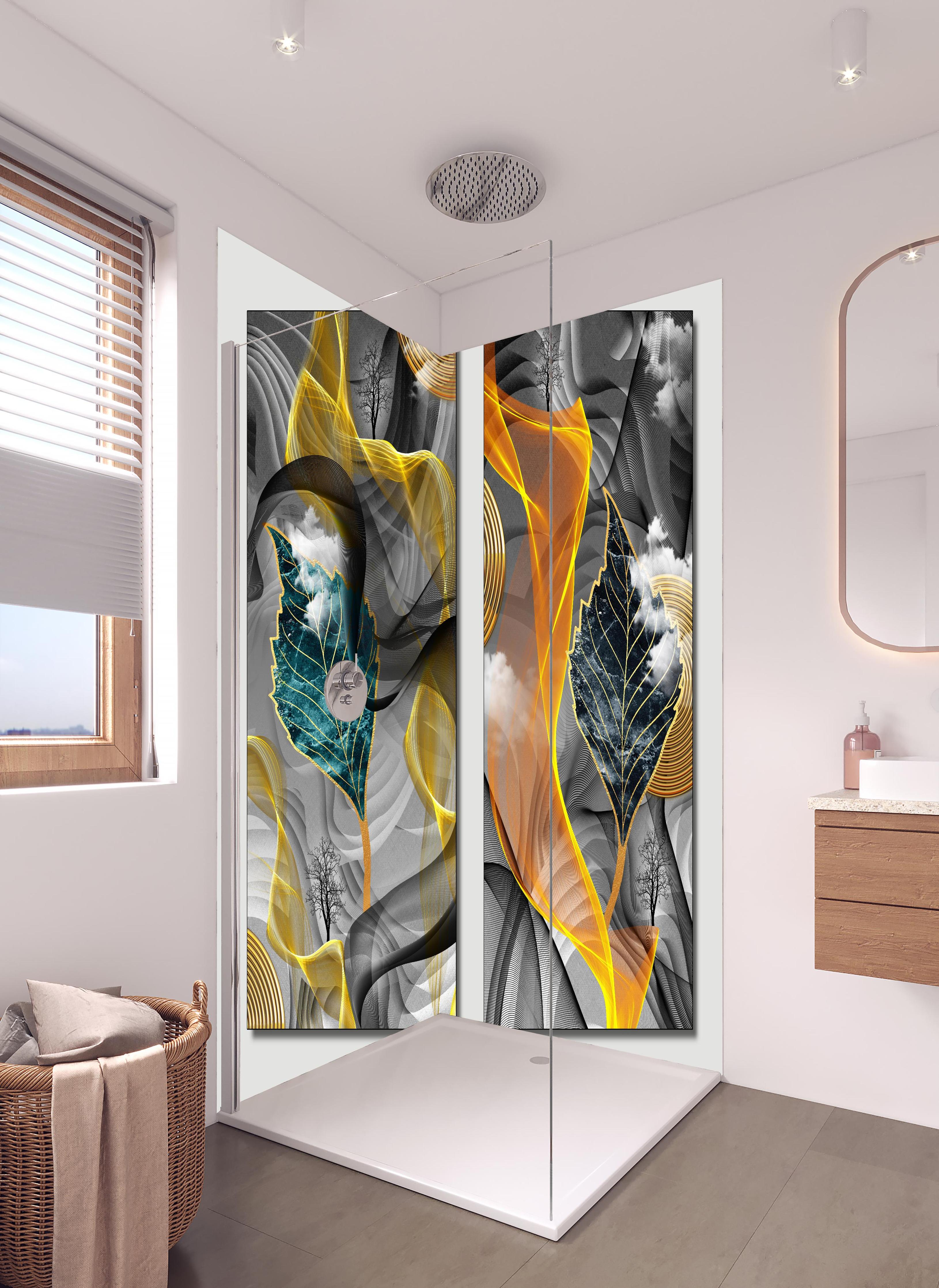 Duschrückwand - Abstraktes 3D Design in hellem Badezimmer mit Regenduschkopf - zweiteilige Eck-Duschrückwand