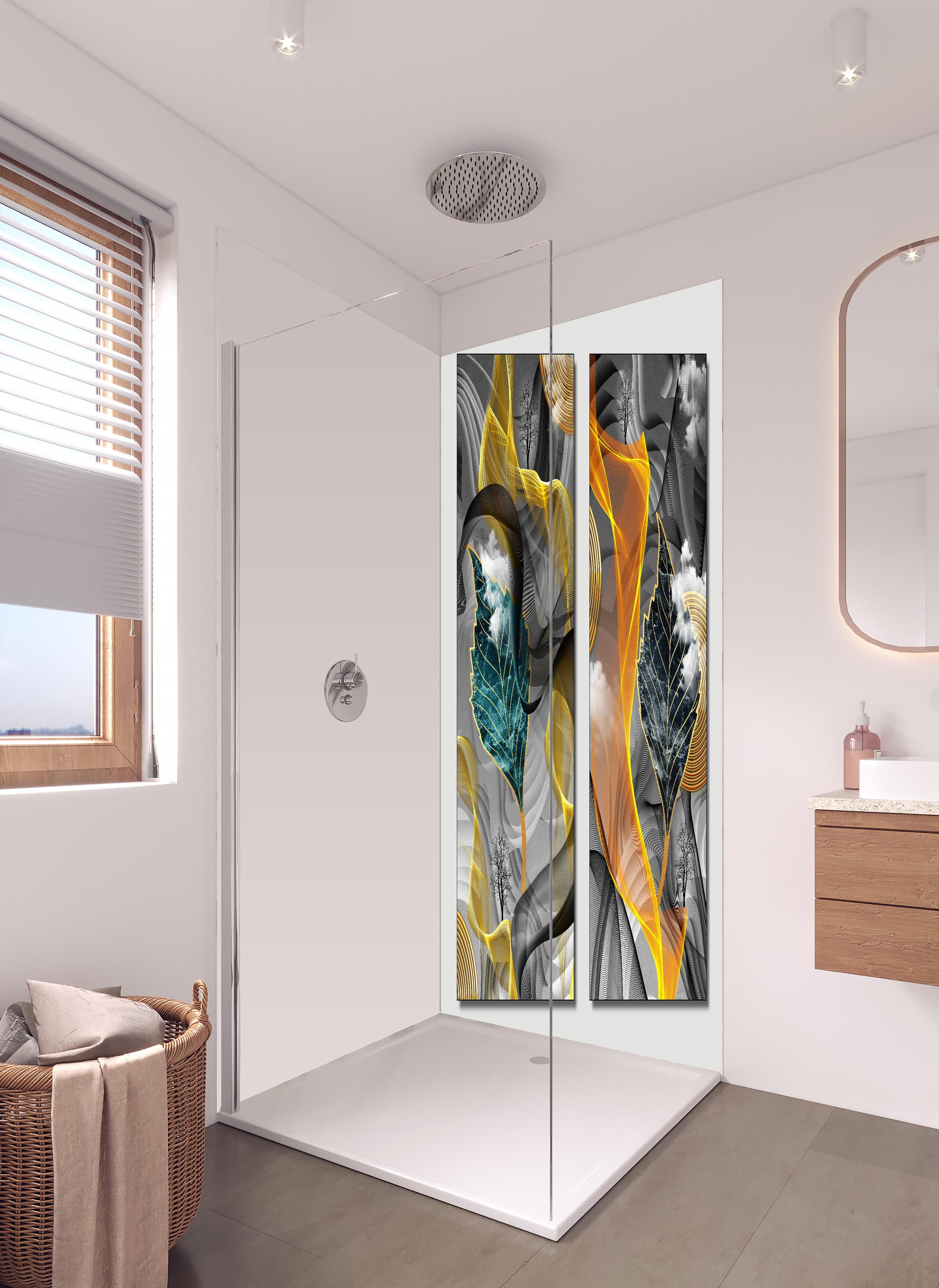 Duschrückwand - Abstraktes 3D Design in hellem Badezimmer mit Regenduschkopf - zweiteilige Eck-Duschrückwand
