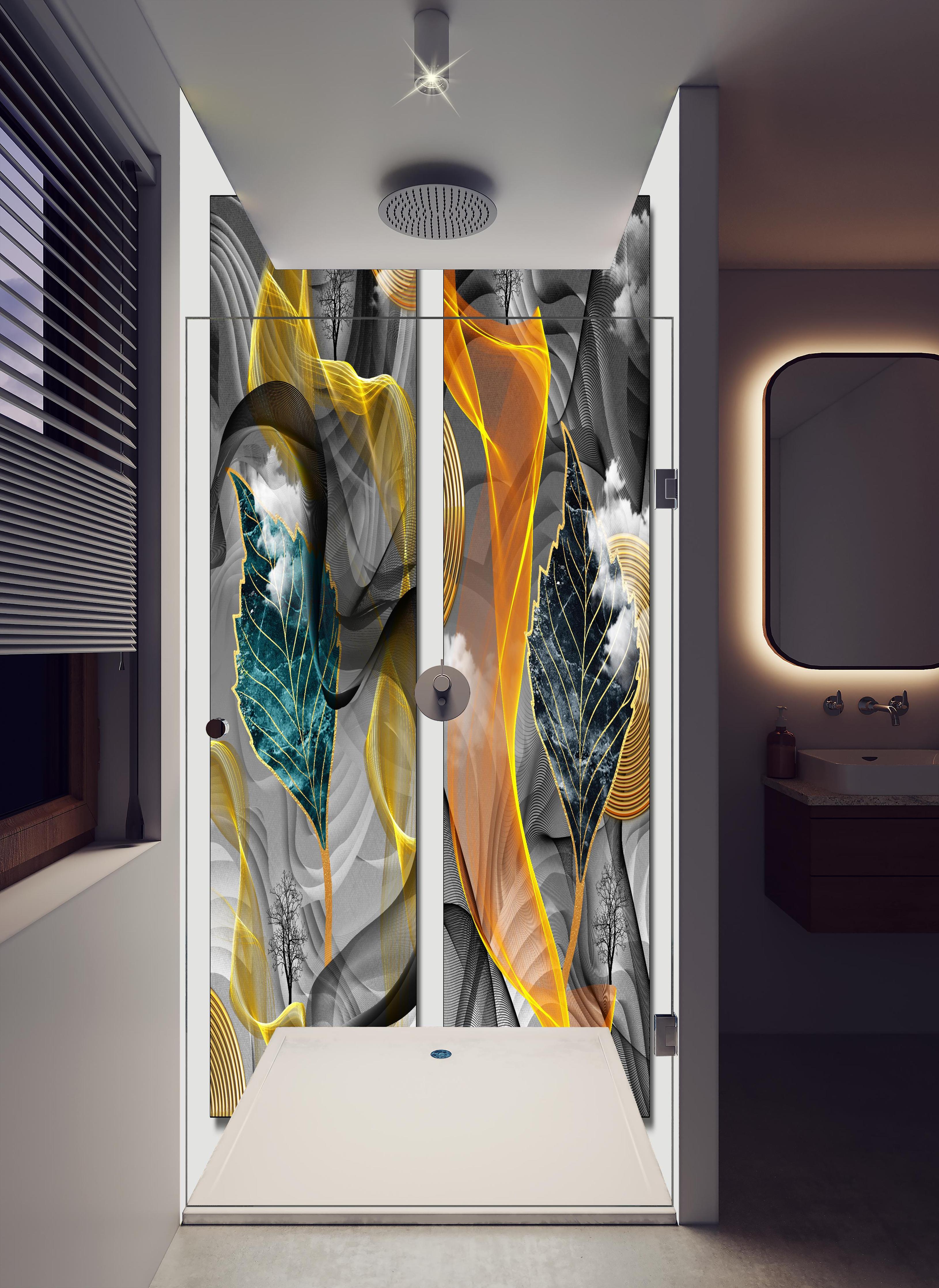 Duschrückwand - Abstraktes 3D Design in hellem Badezimmer mit Regenduschkopf - zweiteilige Eck-Duschrückwand