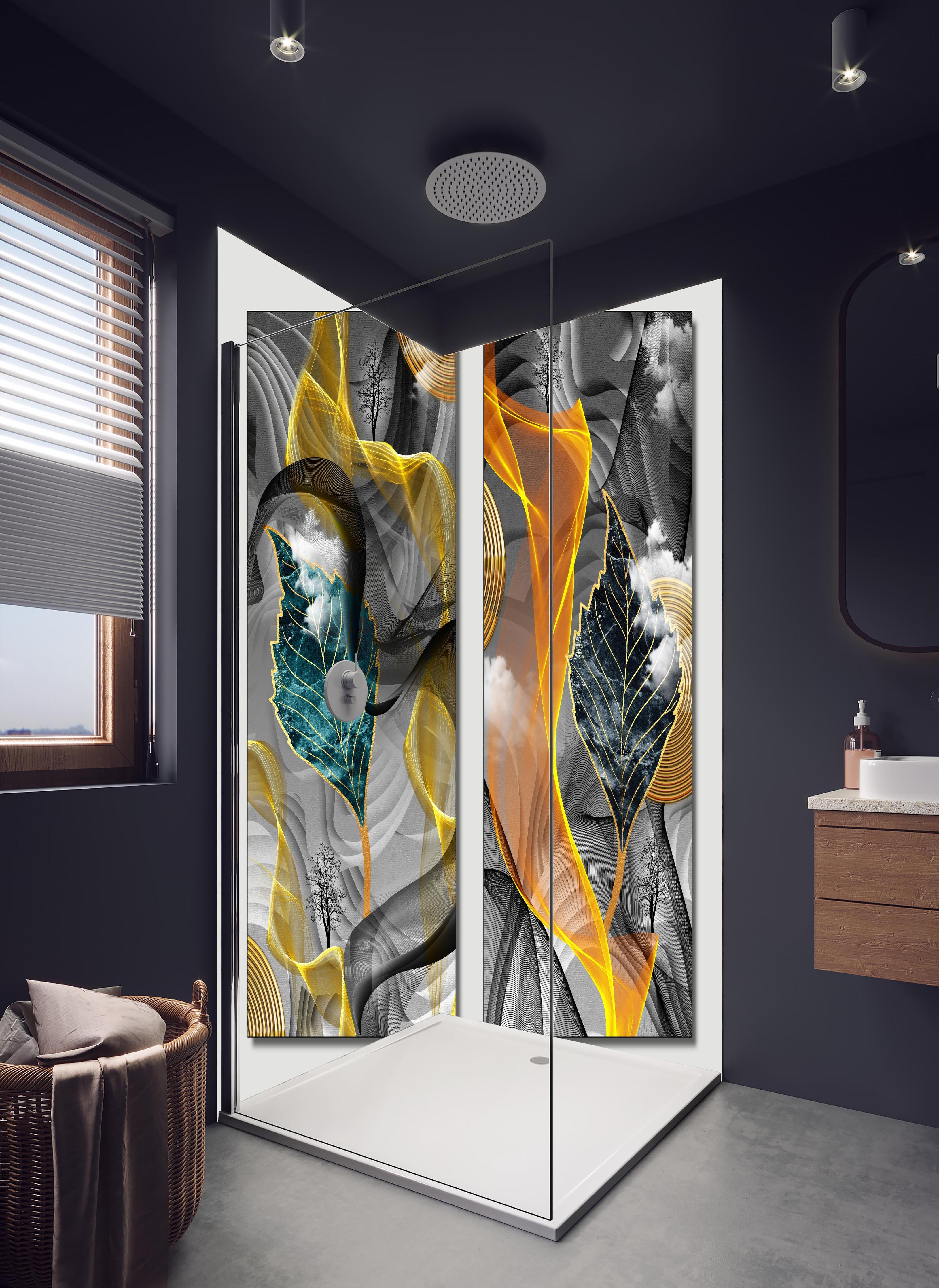 Duschrückwand - Abstraktes 3D Design in hellem Badezimmer mit Regenduschkopf - zweiteilige Eck-Duschrückwand