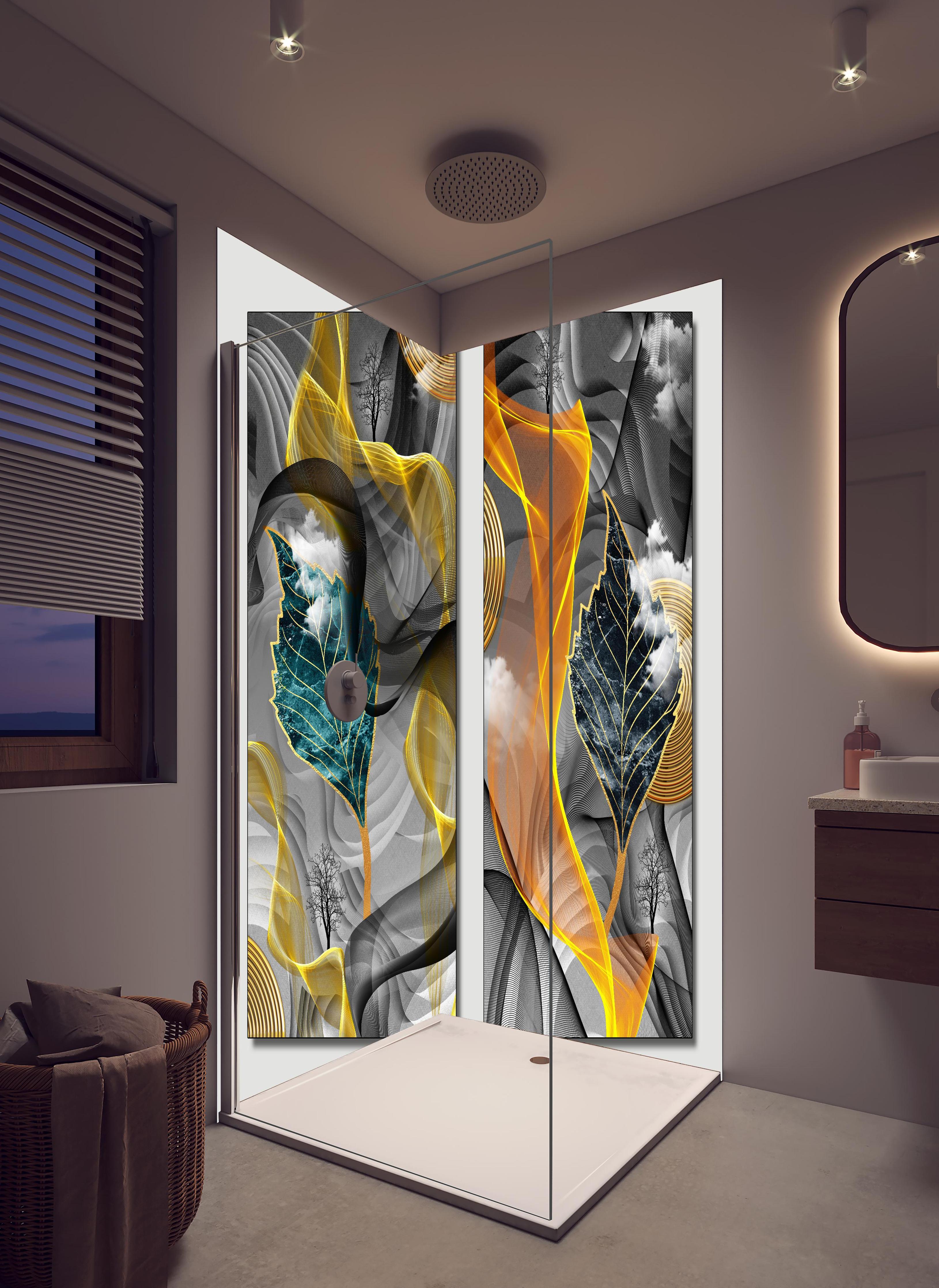 Duschrückwand - Abstraktes 3D Design in hellem Badezimmer mit Regenduschkopf - zweiteilige Eck-Duschrückwand