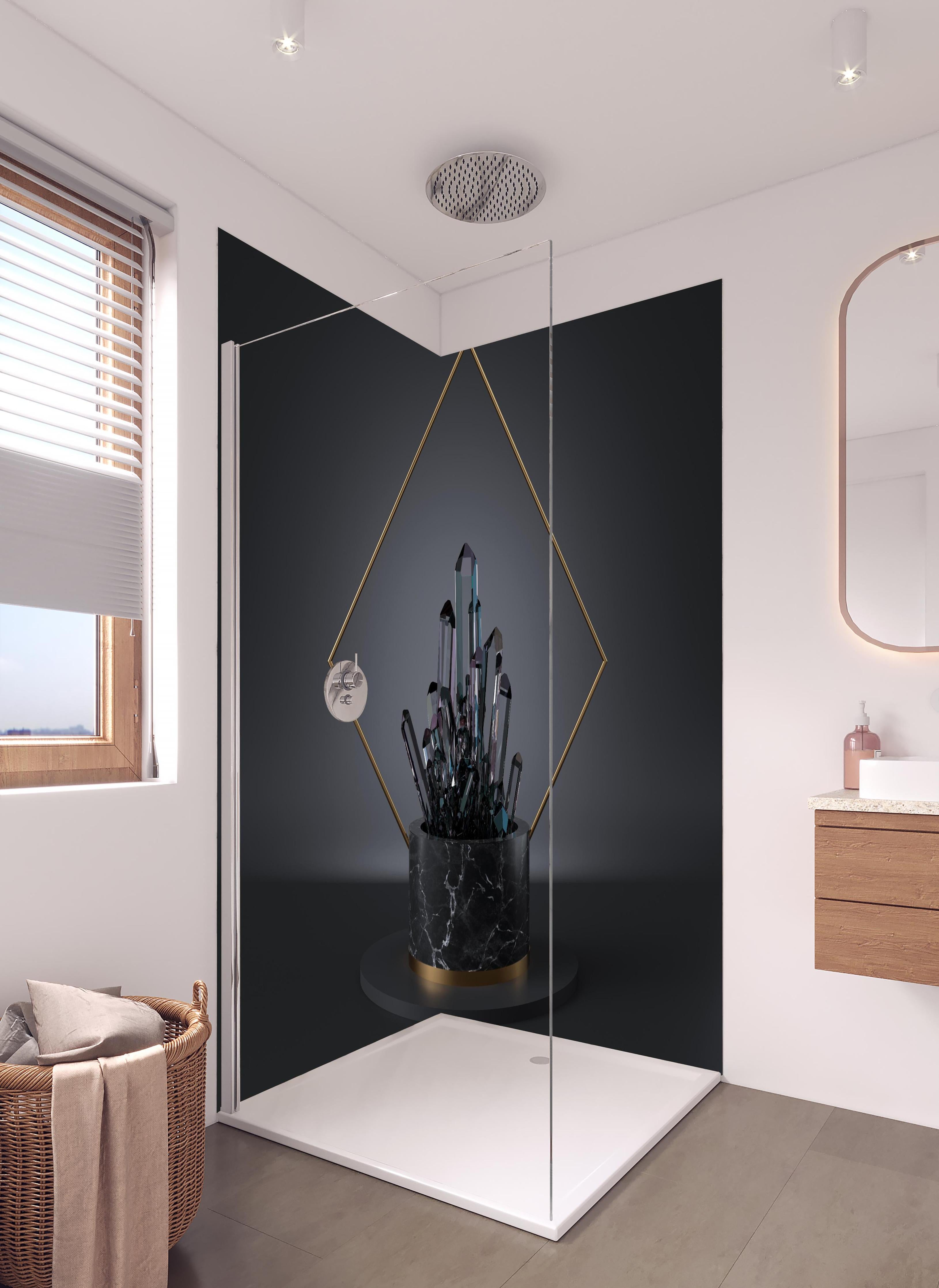 Duschrückwand - Abstraktes 3D-Design mit schwarzem Kristall in hellem Badezimmer mit Regenduschkopf - zweiteilige Eck-Duschrückwand