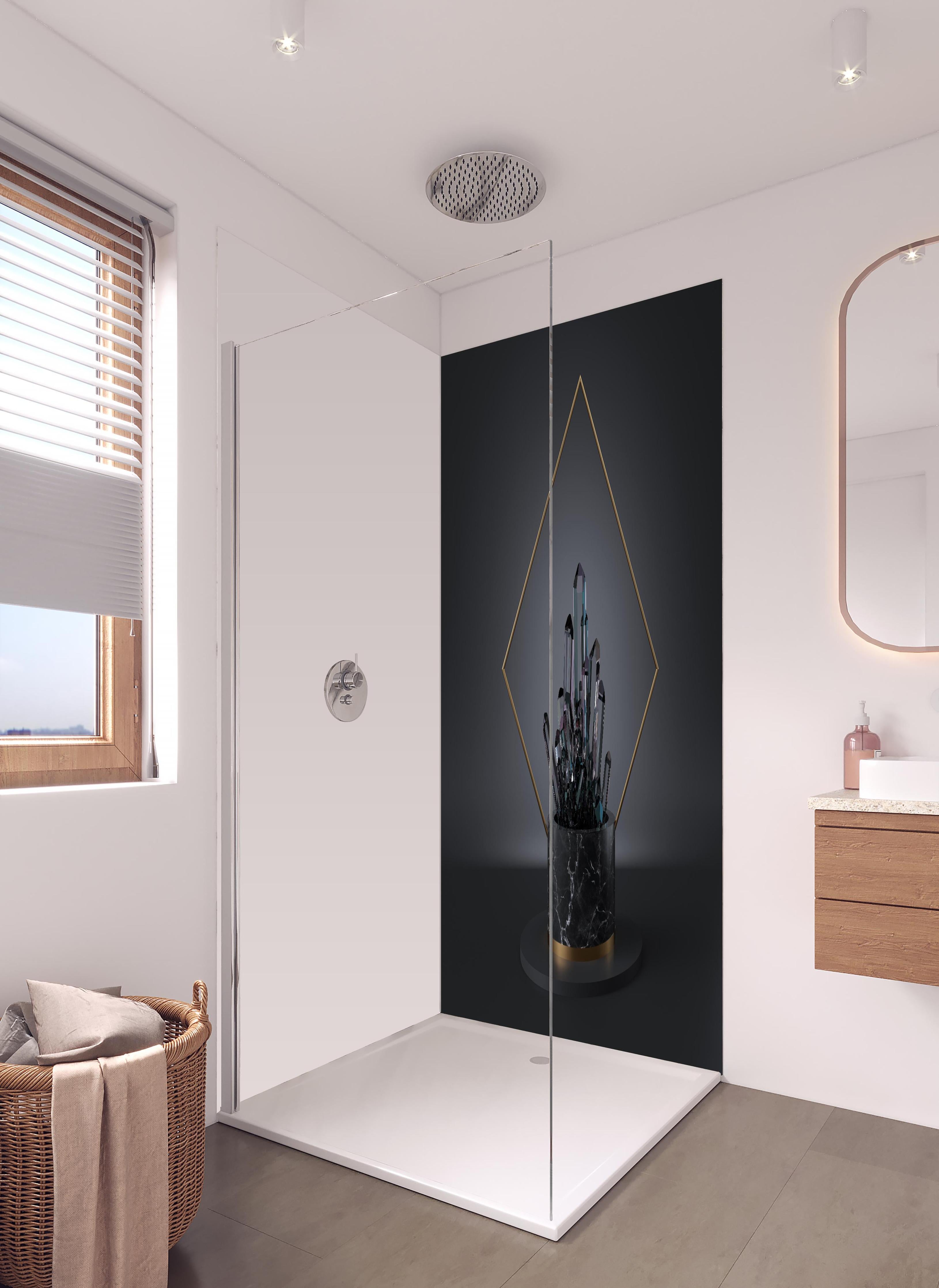 Duschrückwand - Abstraktes 3D-Design mit schwarzem Kristall in hellem Badezimmer mit Regenduschkopf - zweiteilige Eck-Duschrückwand