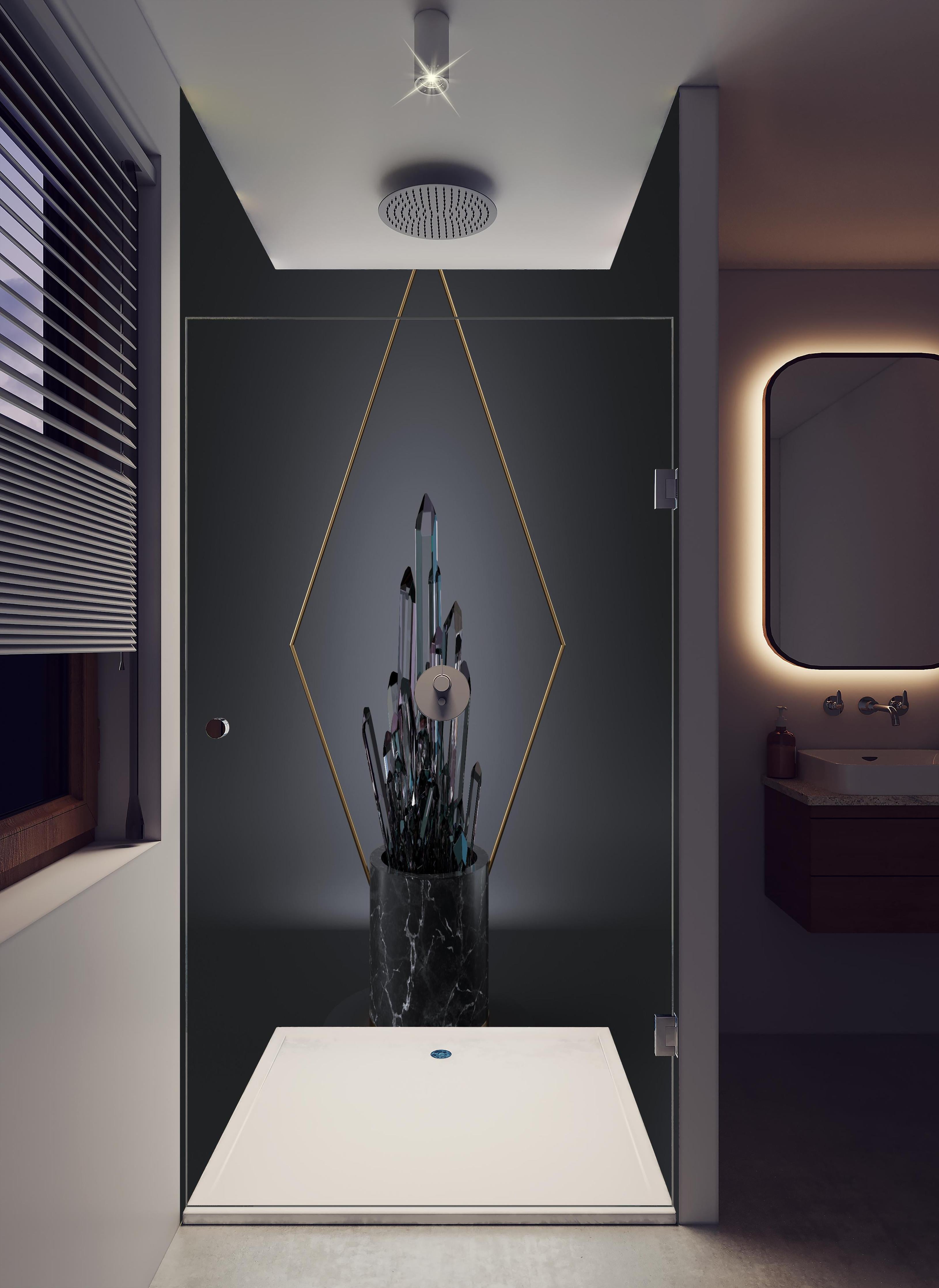 Duschrückwand - Abstraktes 3D-Design mit schwarzem Kristall in hellem Badezimmer mit Regenduschkopf - zweiteilige Eck-Duschrückwand