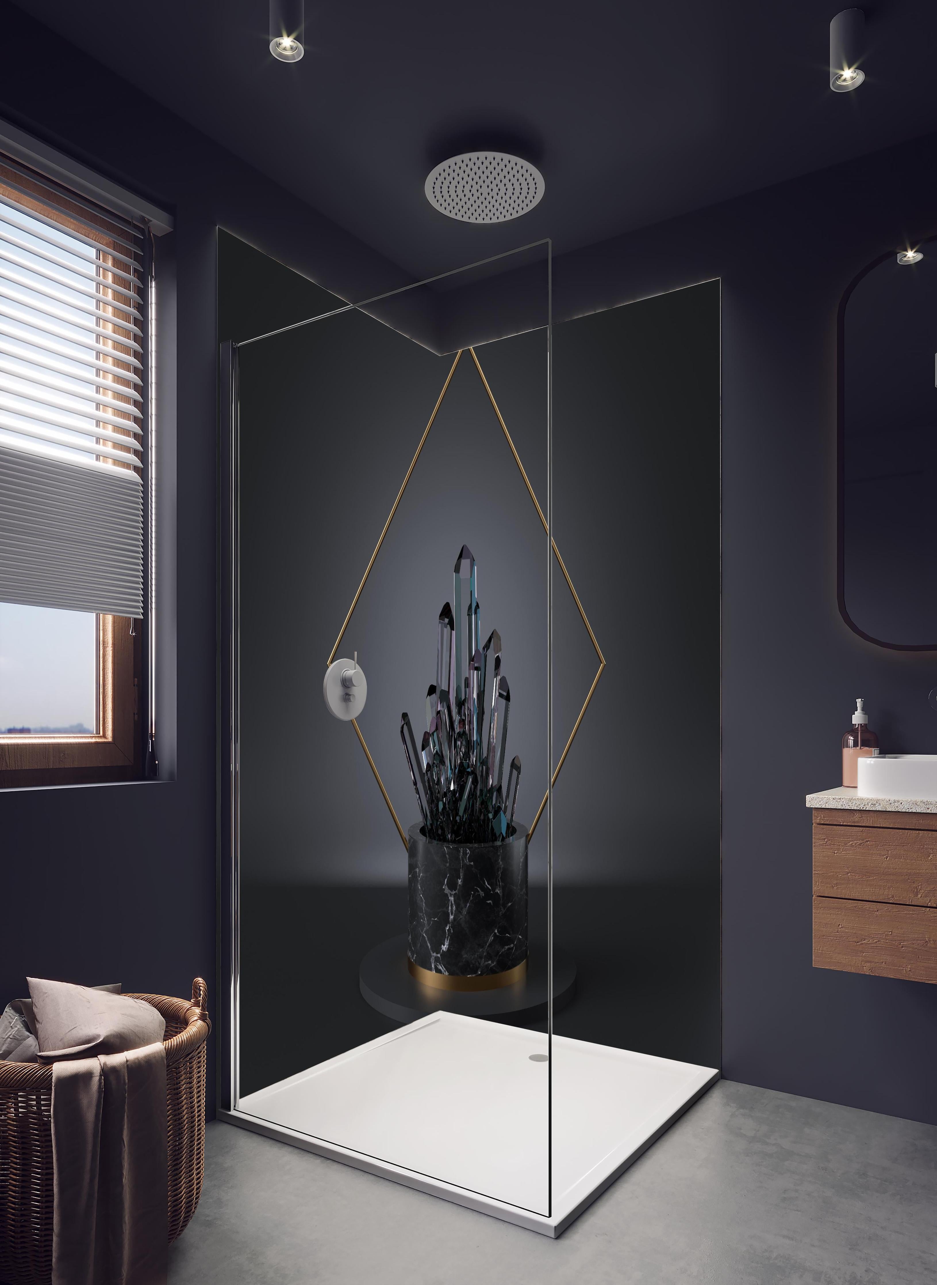 Duschrückwand - Abstraktes 3D-Design mit schwarzem Kristall in hellem Badezimmer mit Regenduschkopf - zweiteilige Eck-Duschrückwand