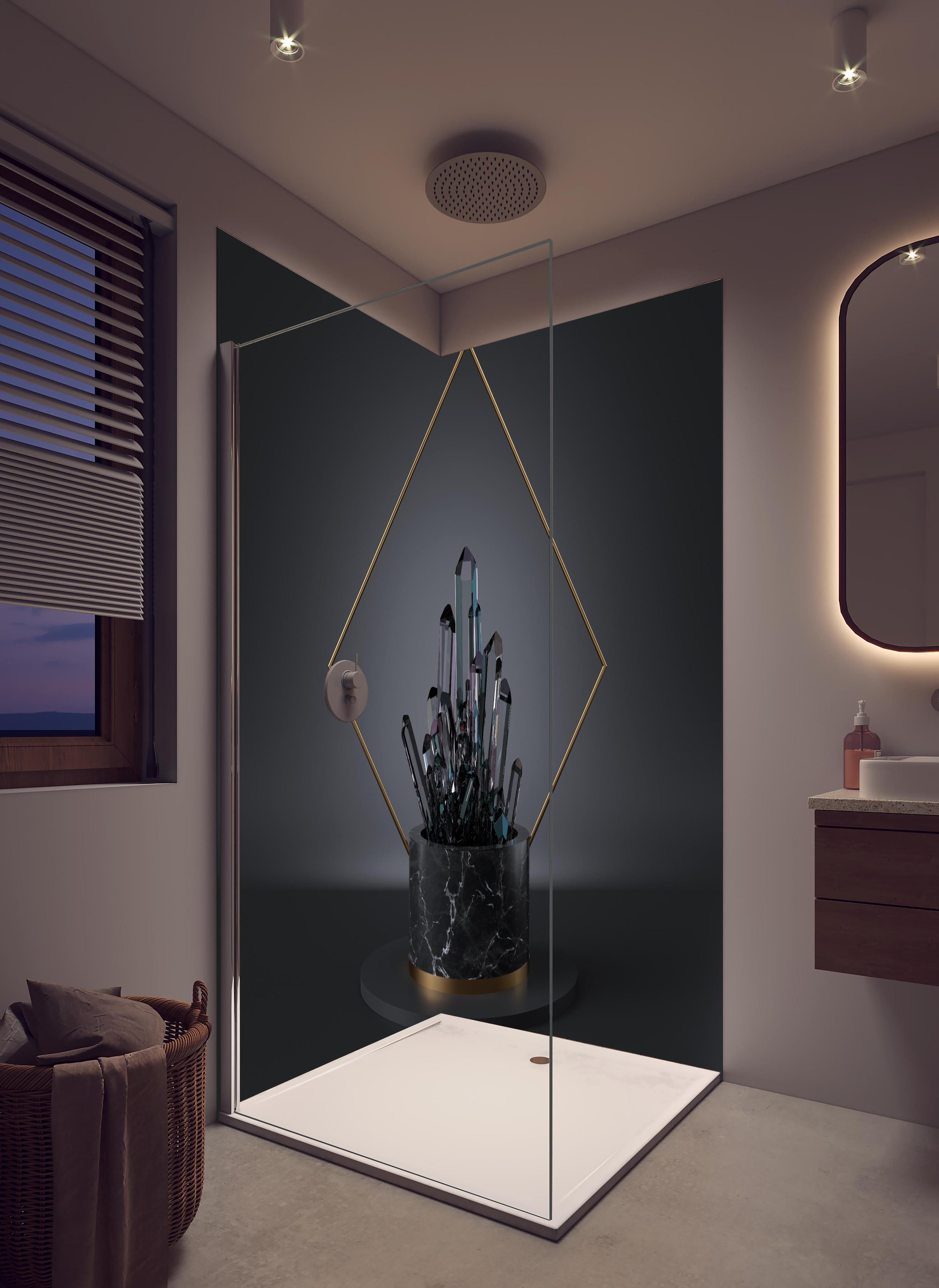 Duschrückwand - Abstraktes 3D-Design mit schwarzem Kristall in hellem Badezimmer mit Regenduschkopf - zweiteilige Eck-Duschrückwand