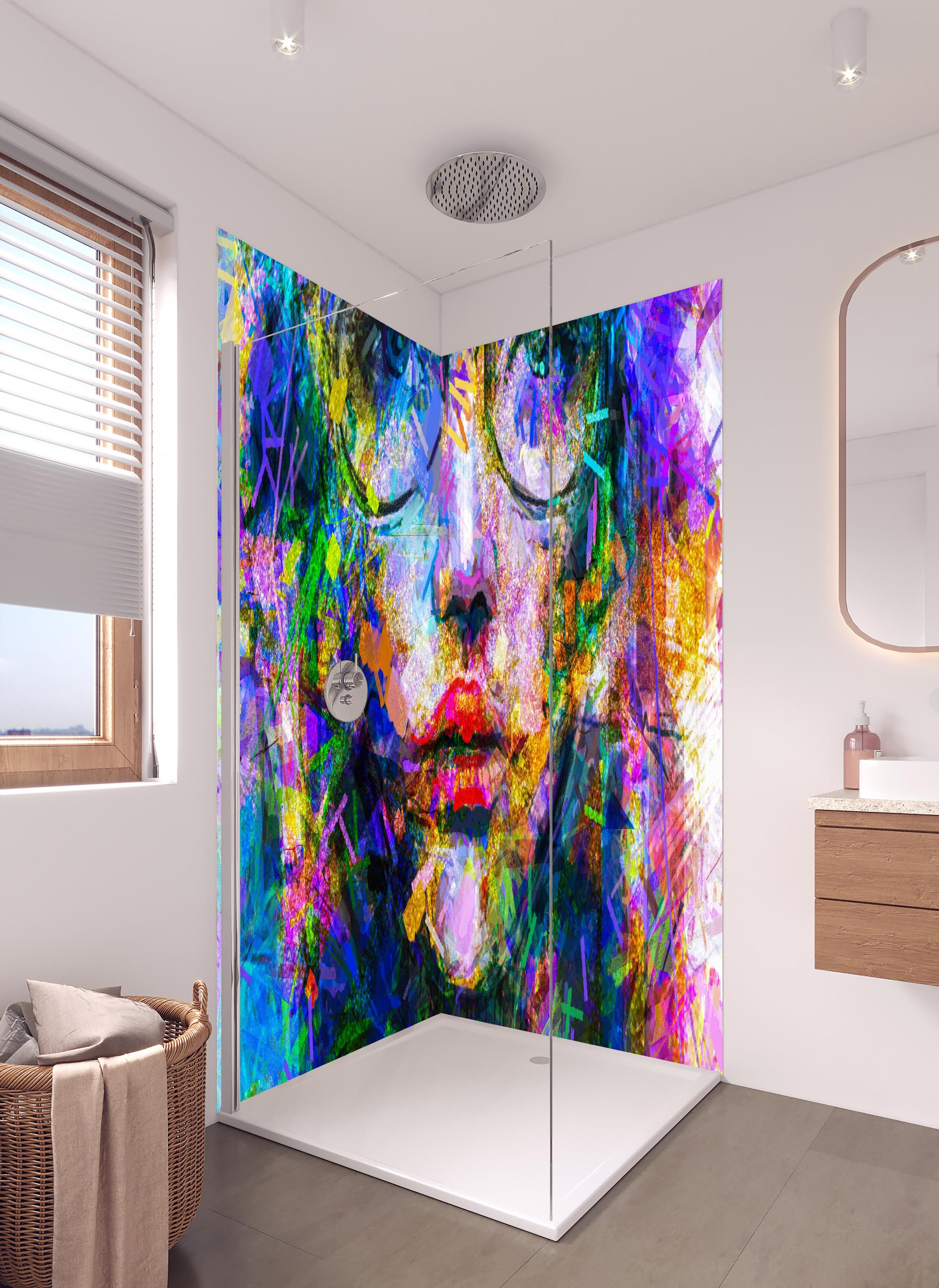 Duschrückwand - Abstraktes Acryl- und Ölfarben Kunstgemälde in hellem Badezimmer mit Regenduschkopf - zweiteilige Eck-Duschrückwand