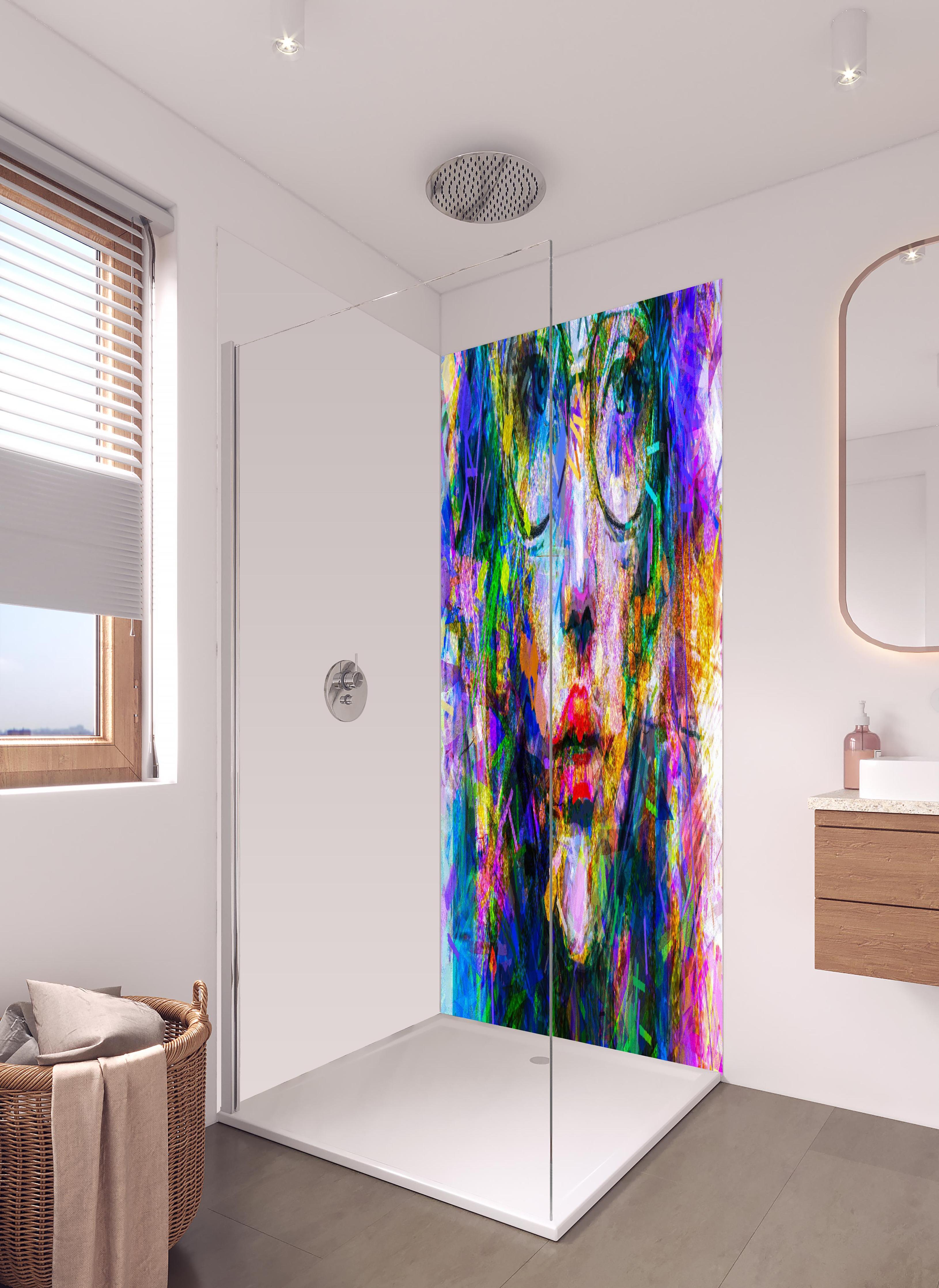 Duschrückwand - Abstraktes Acryl- und Ölfarben Kunstgemälde in hellem Badezimmer mit Regenduschkopf - zweiteilige Eck-Duschrückwand