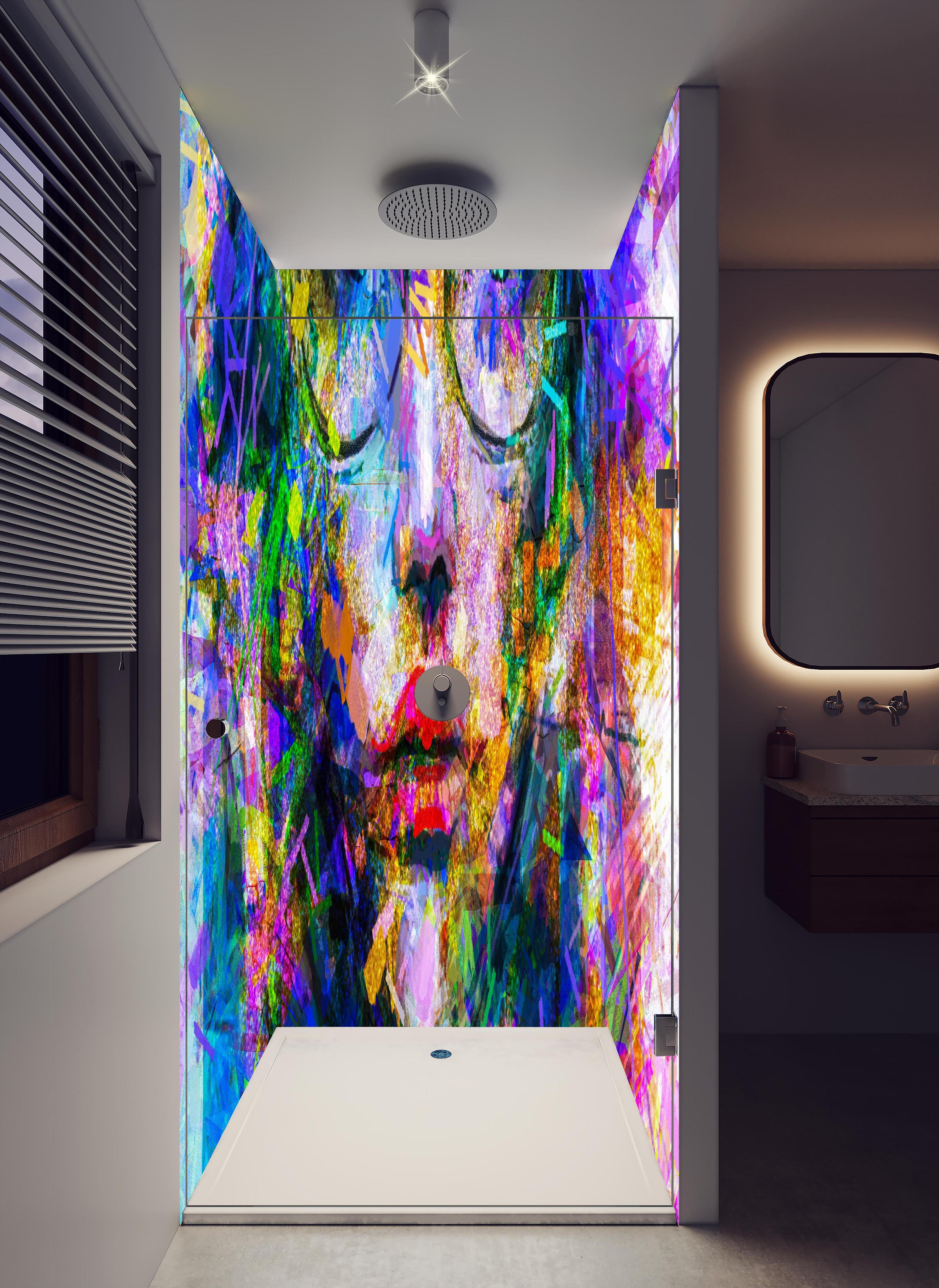 Duschrückwand - Abstraktes Acryl- und Ölfarben Kunstgemälde in hellem Badezimmer mit Regenduschkopf - zweiteilige Eck-Duschrückwand