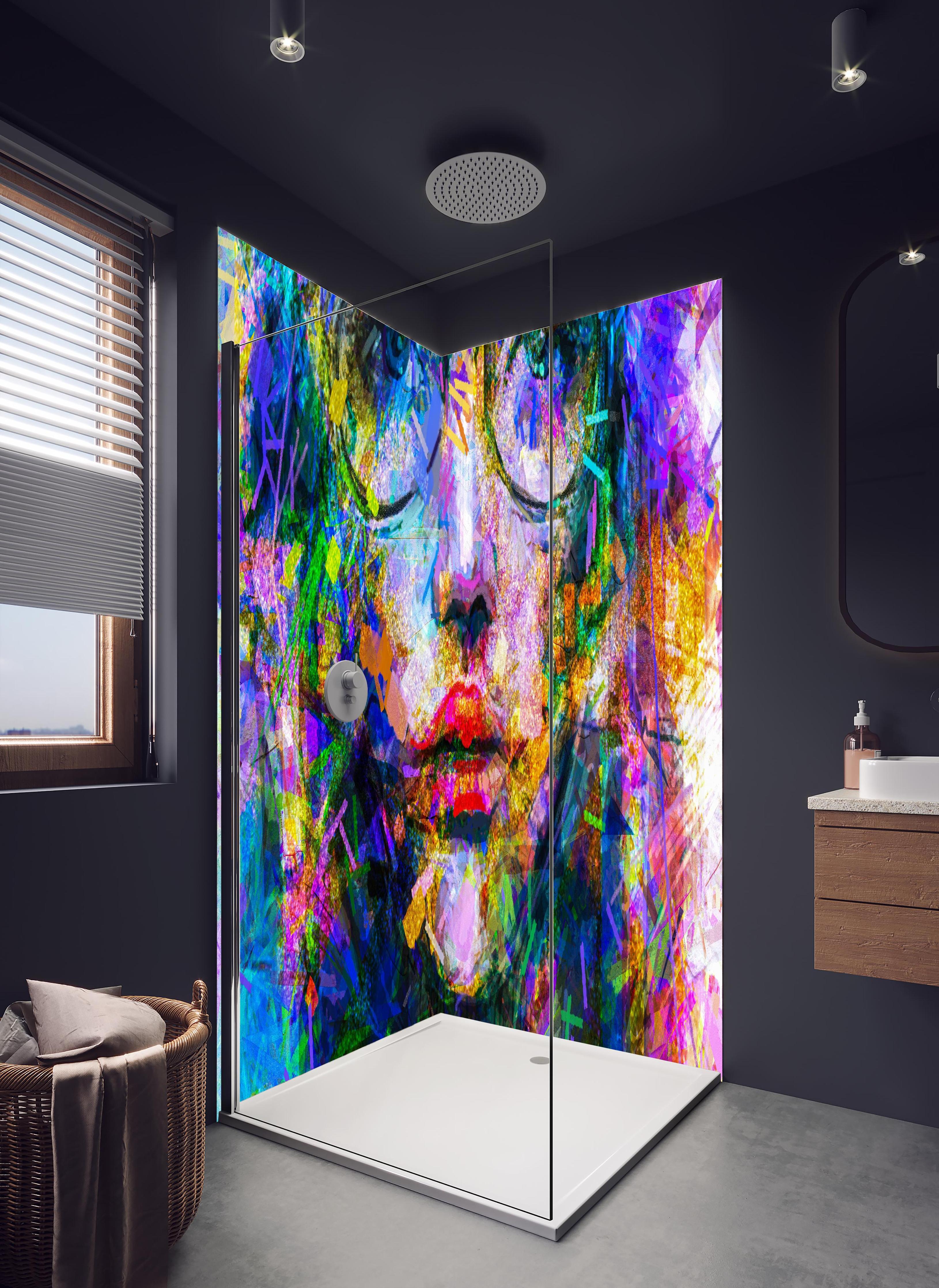 Duschrückwand - Abstraktes Acryl- und Ölfarben Kunstgemälde in hellem Badezimmer mit Regenduschkopf - zweiteilige Eck-Duschrückwand