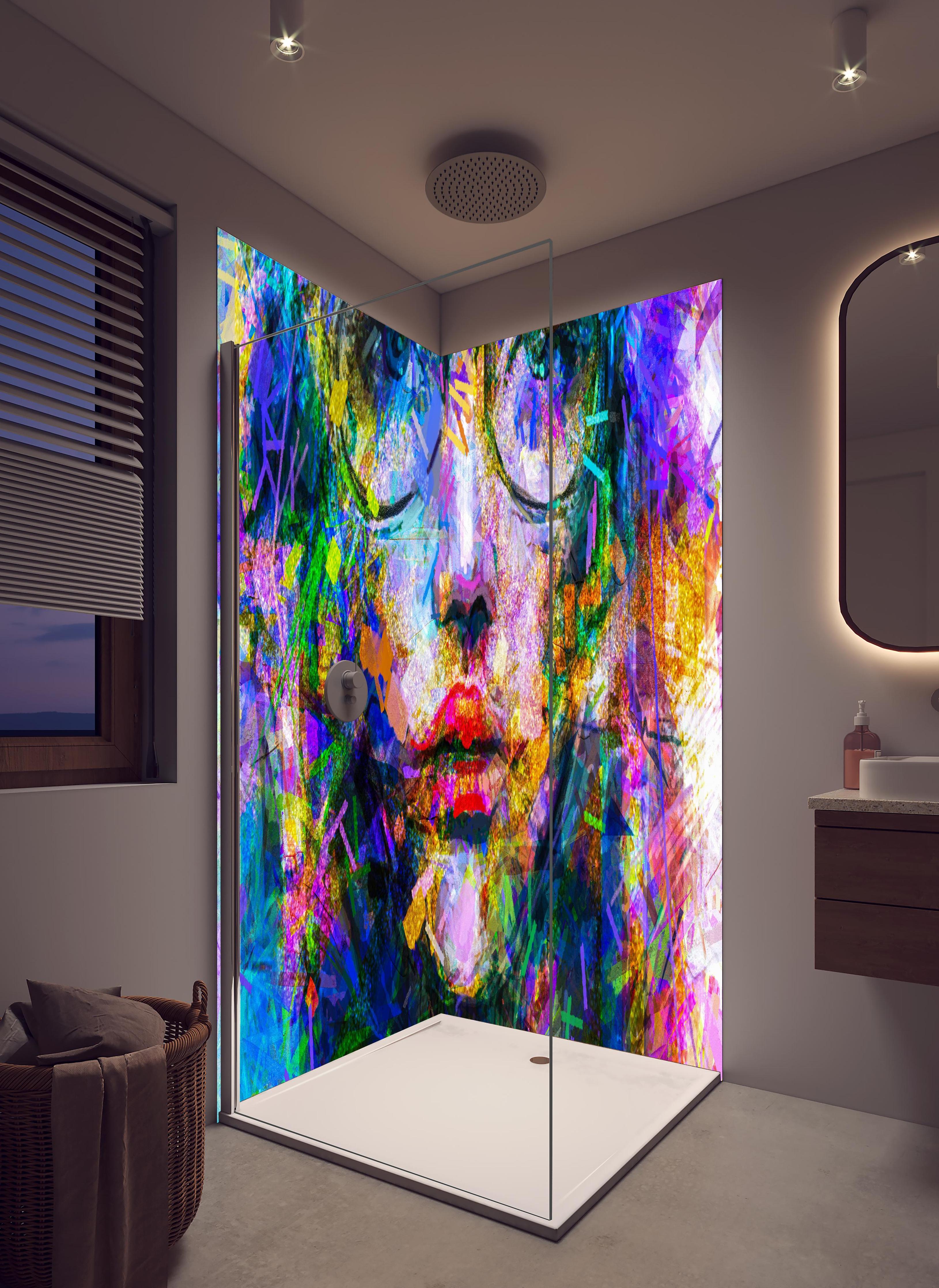 Duschrückwand - Abstraktes Acryl- und Ölfarben Kunstgemälde in hellem Badezimmer mit Regenduschkopf - zweiteilige Eck-Duschrückwand