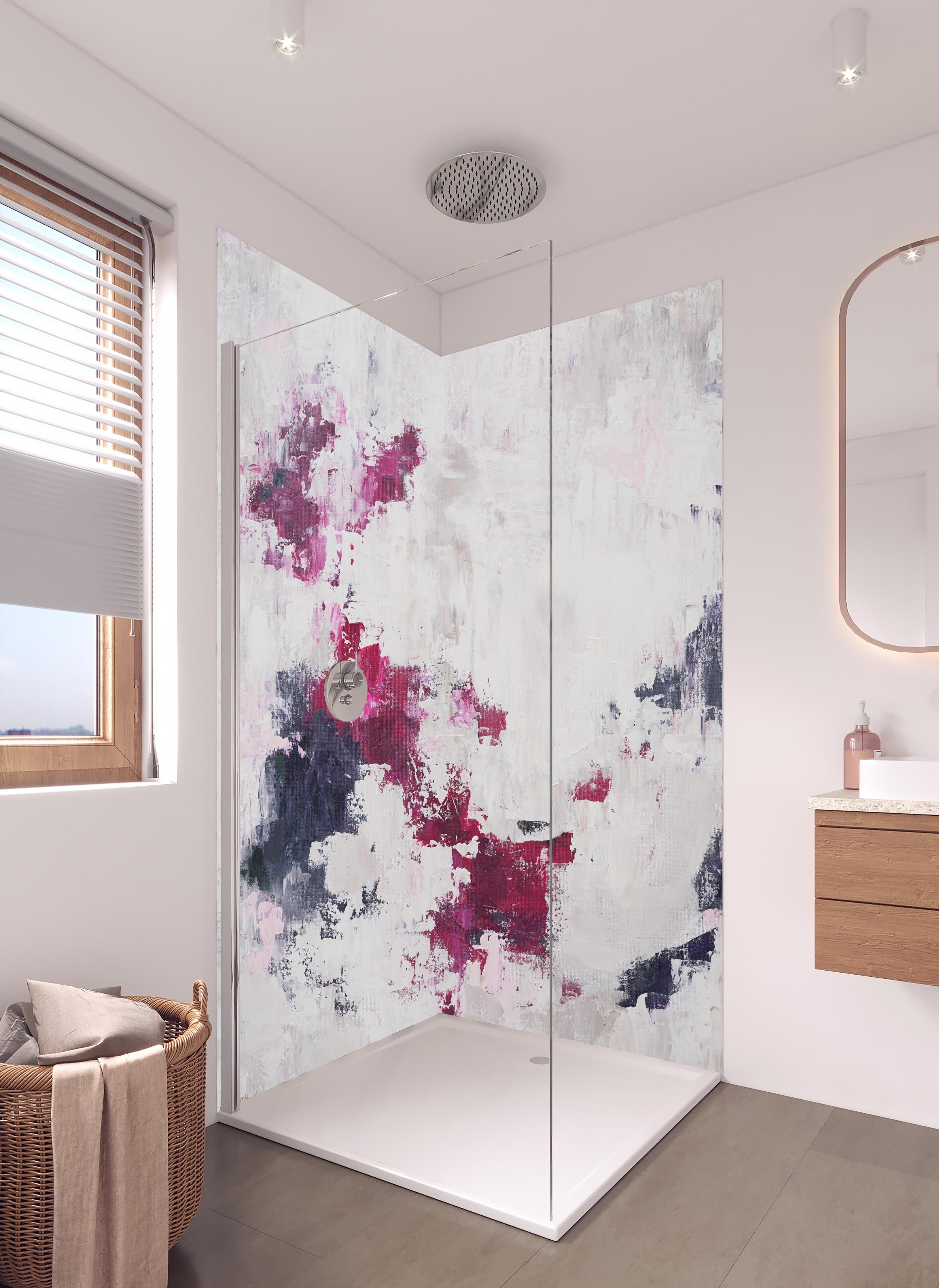 Duschrückwand - Abstraktes Acryl Gemälde in hellem Badezimmer mit Regenduschkopf - zweiteilige Eck-Duschrückwand