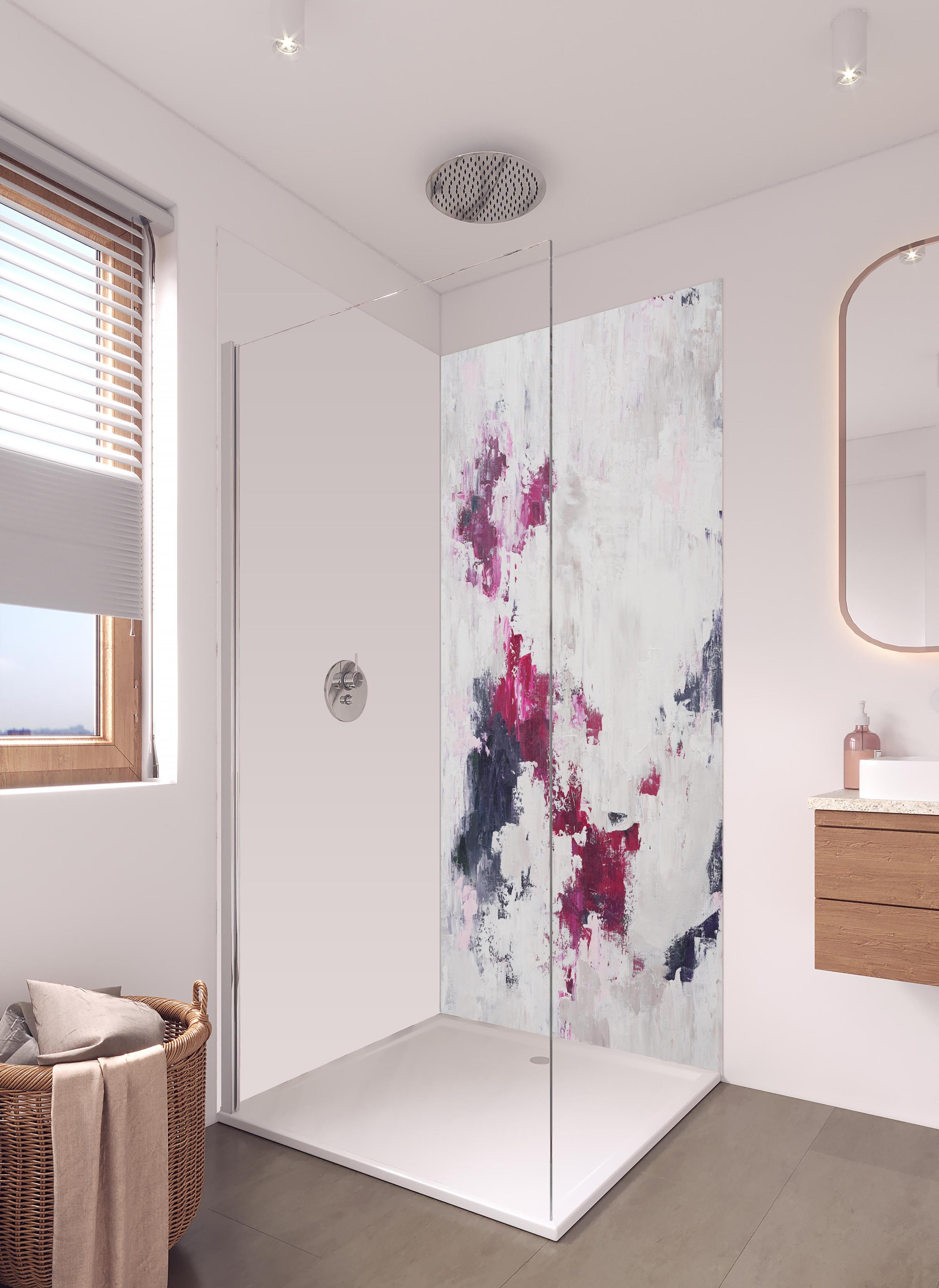 Duschrückwand - Abstraktes Acryl Gemälde in hellem Badezimmer mit Regenduschkopf - zweiteilige Eck-Duschrückwand