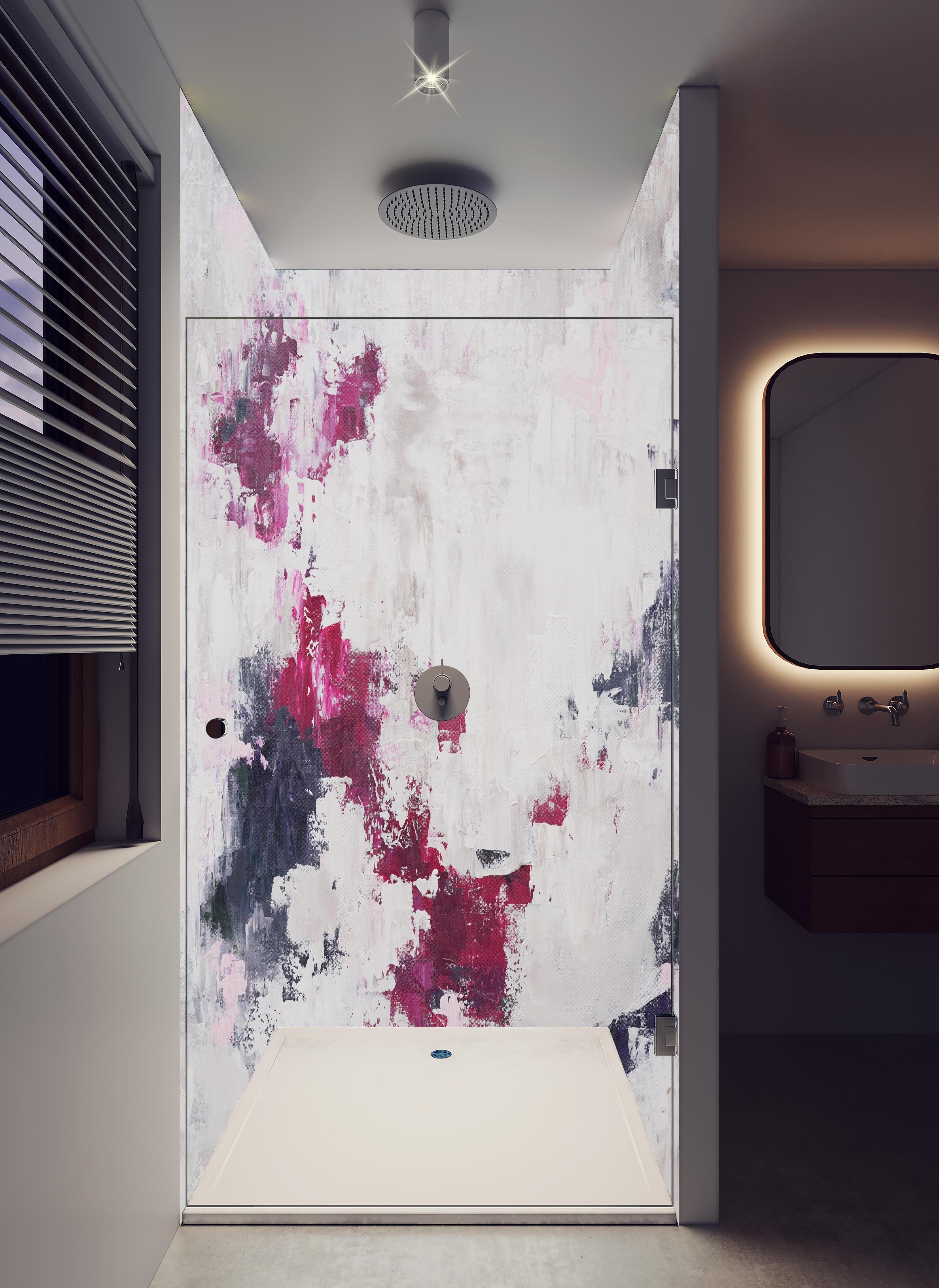 Duschrückwand - Abstraktes Acryl Gemälde in hellem Badezimmer mit Regenduschkopf - zweiteilige Eck-Duschrückwand