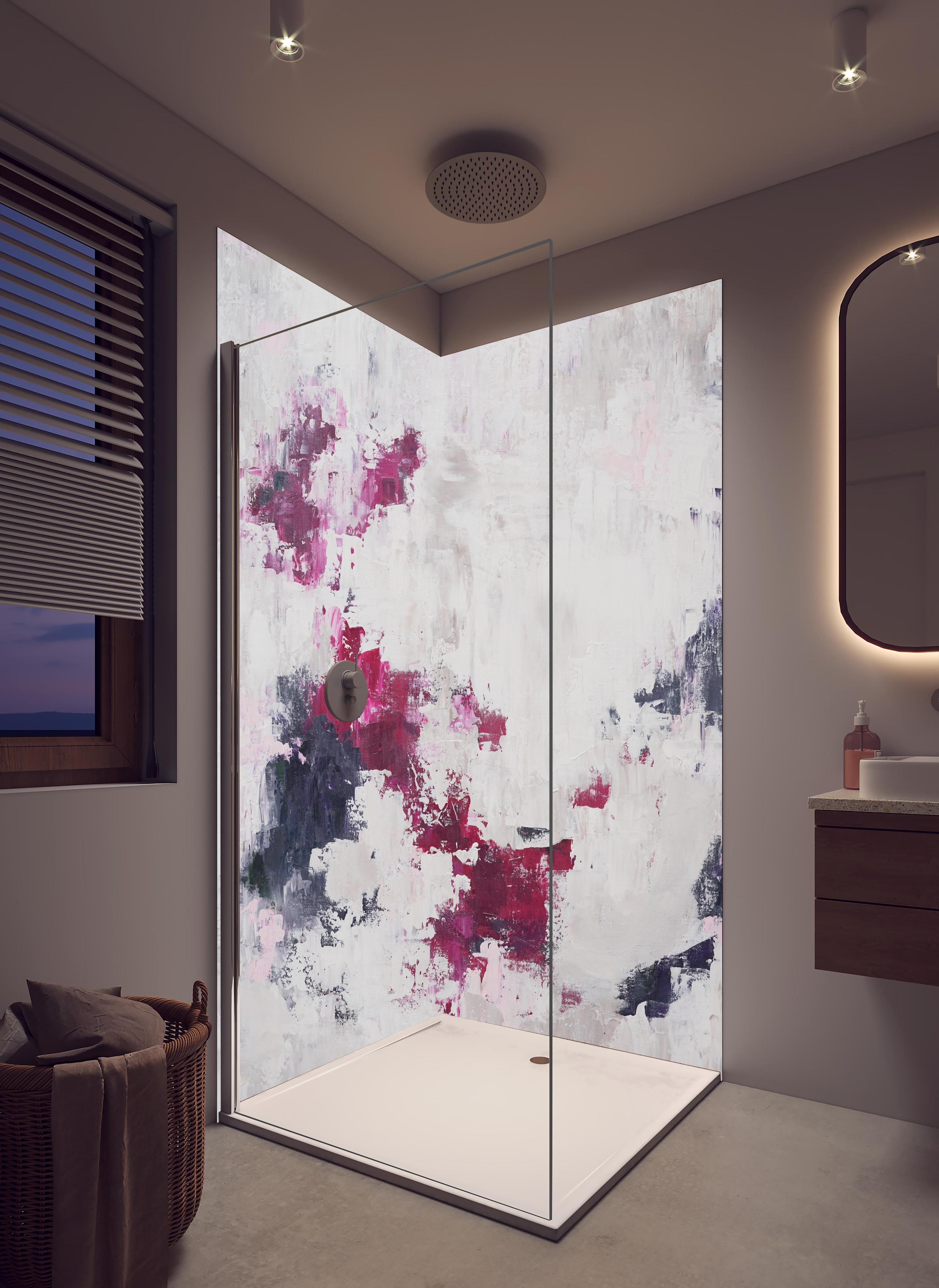Duschrückwand - Abstraktes Acryl Gemälde in hellem Badezimmer mit Regenduschkopf - zweiteilige Eck-Duschrückwand