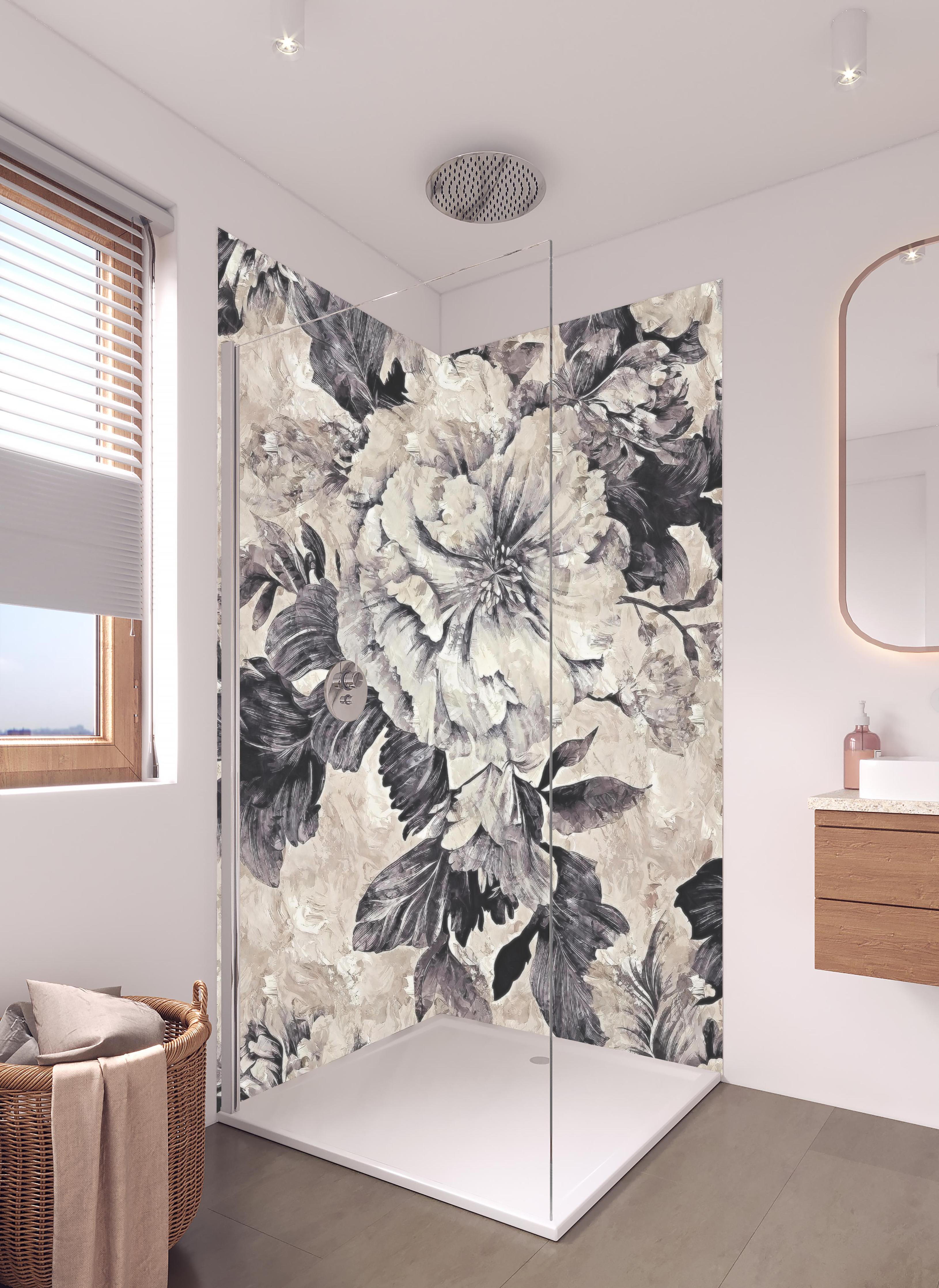 Duschrückwand - Abstraktes Blumenmuster in Beige und Grau in hellem Badezimmer mit Regenduschkopf - zweiteilige Eck-Duschrückwand