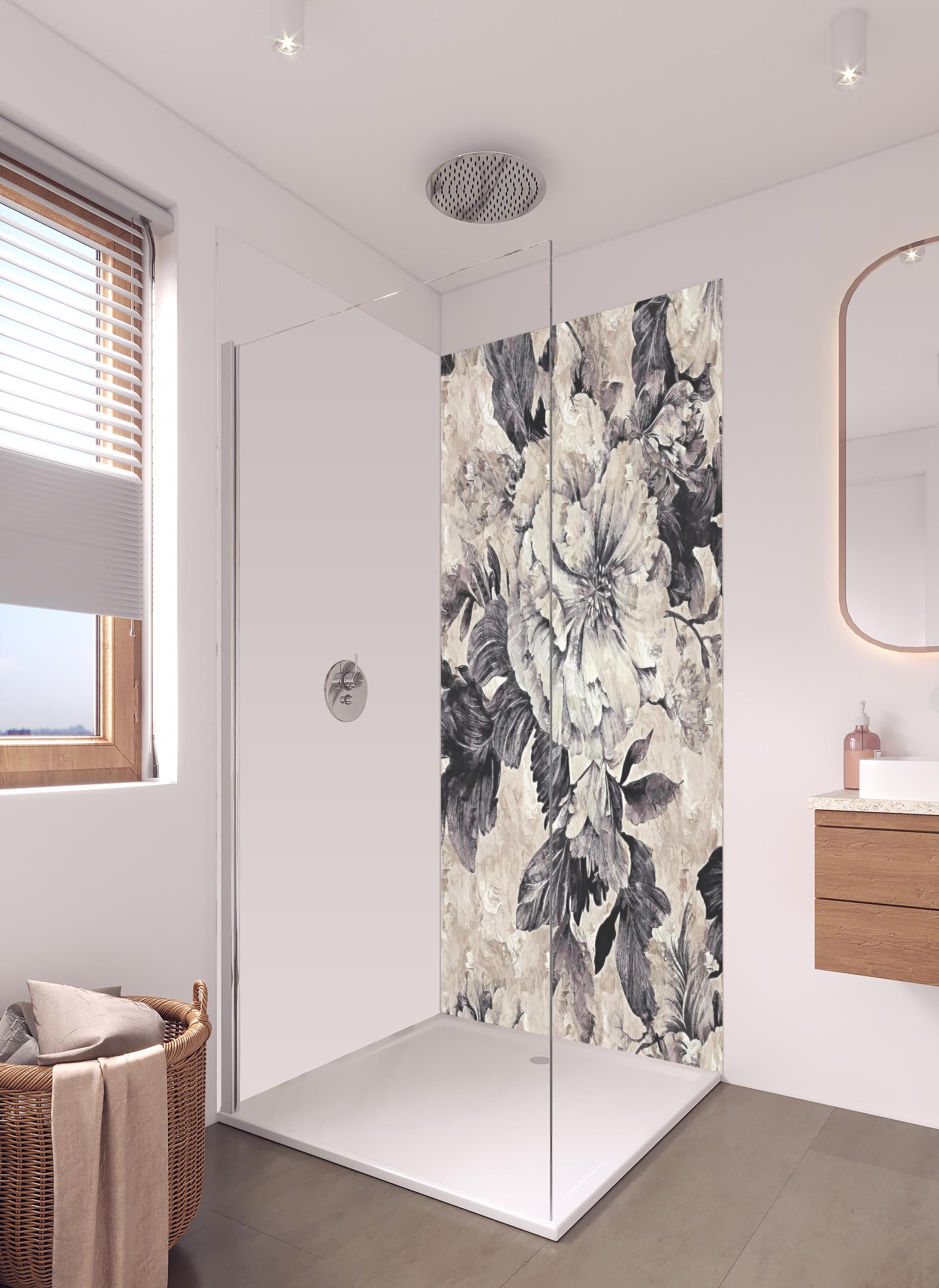 Duschrückwand - Abstraktes Blumenmuster in Beige und Grau in hellem Badezimmer mit Regenduschkopf - zweiteilige Eck-Duschrückwand