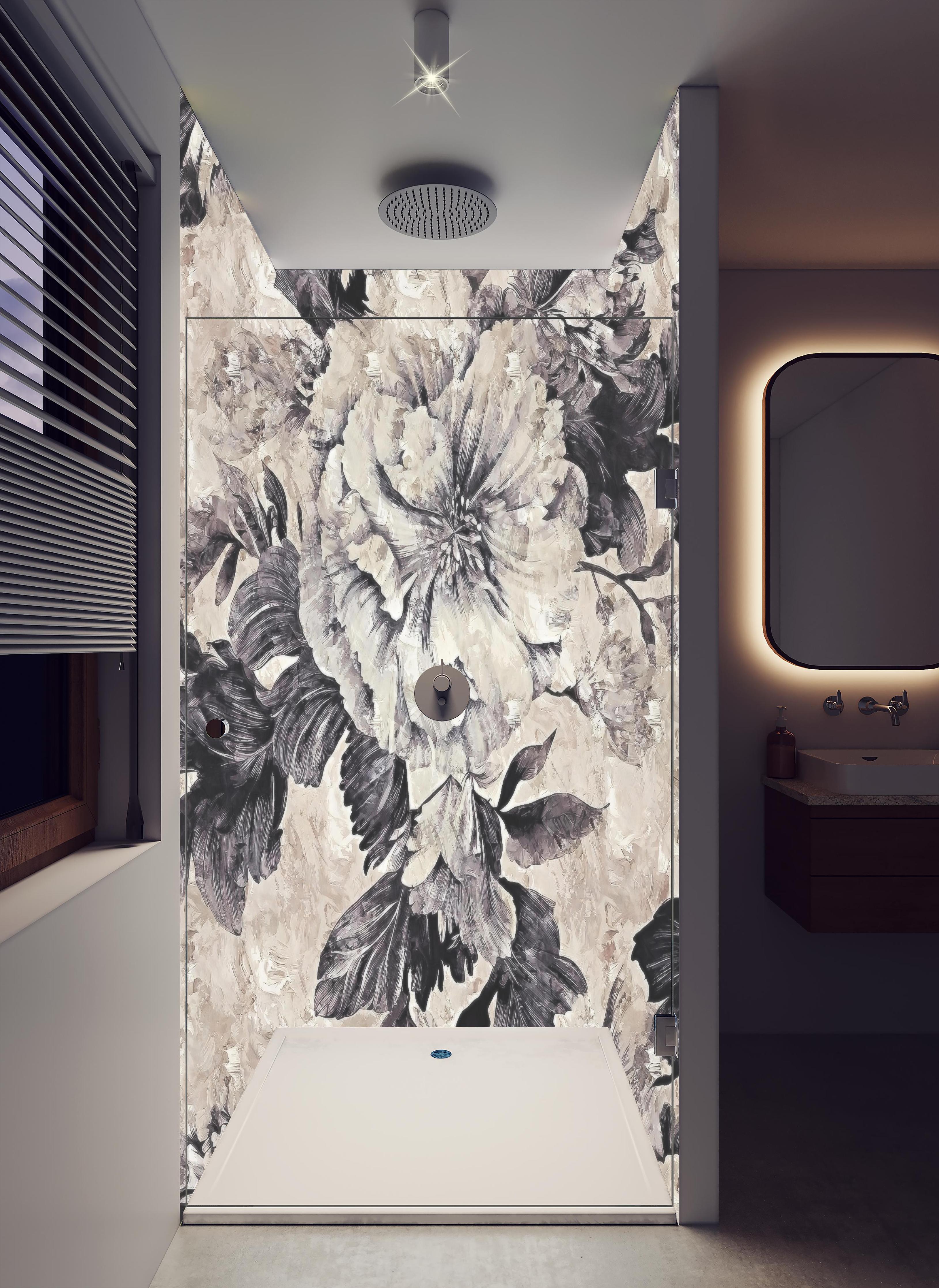 Duschrückwand - Abstraktes Blumenmuster in Beige und Grau in hellem Badezimmer mit Regenduschkopf - zweiteilige Eck-Duschrückwand