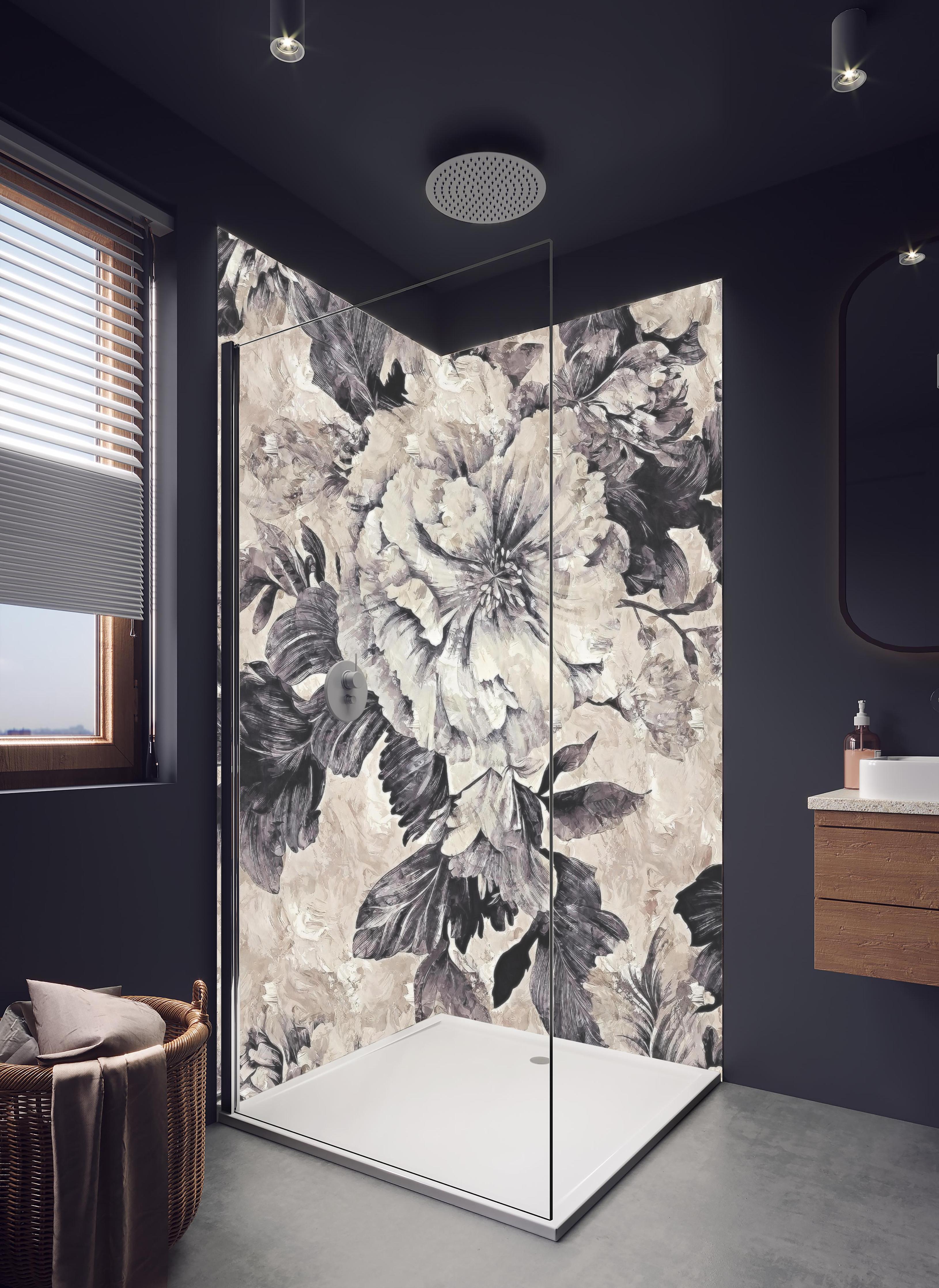 Duschrückwand - Abstraktes Blumenmuster in Beige und Grau in hellem Badezimmer mit Regenduschkopf - zweiteilige Eck-Duschrückwand