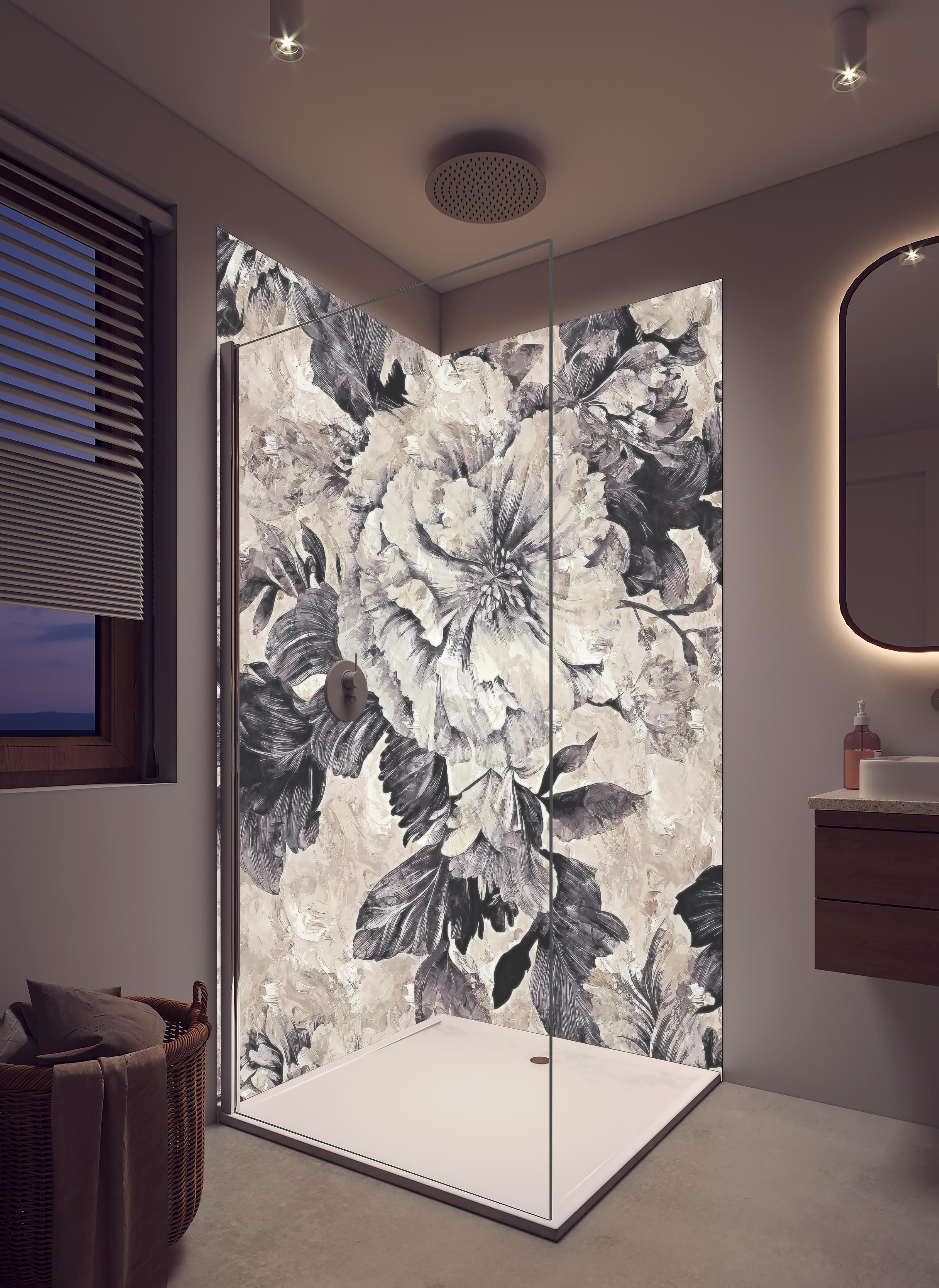 Duschrückwand - Abstraktes Blumenmuster in Beige und Grau in hellem Badezimmer mit Regenduschkopf - zweiteilige Eck-Duschrückwand