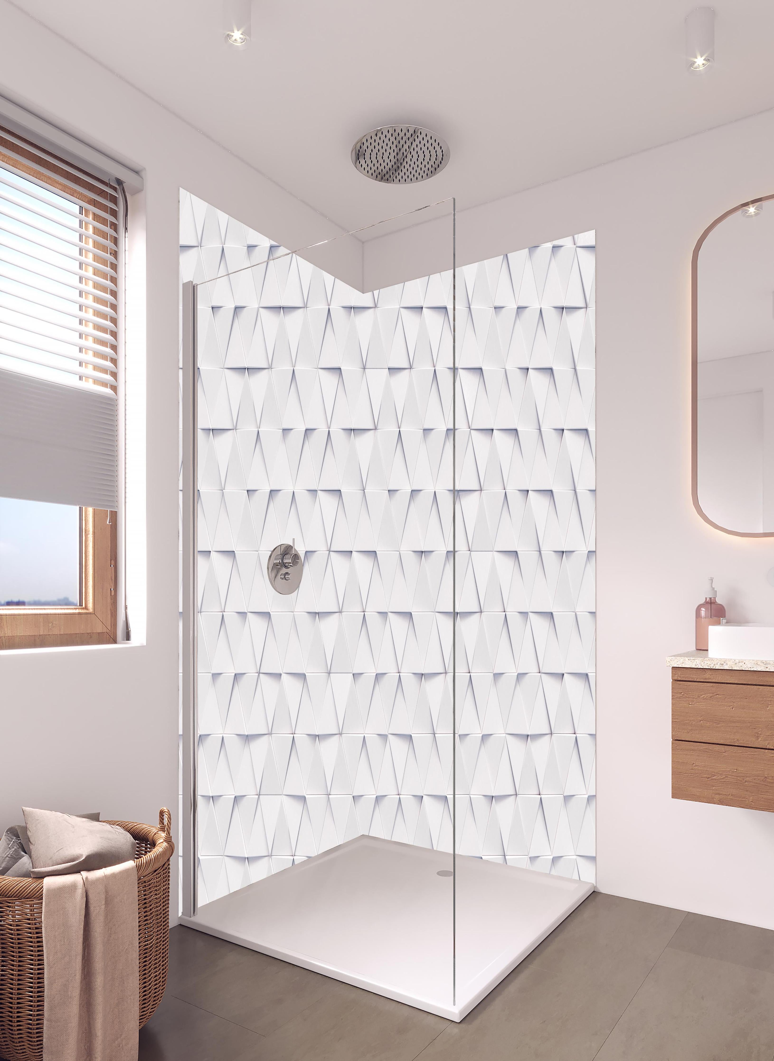Duschrückwand - Abstraktes Dreiecks Muster in hellem Badezimmer mit Regenduschkopf - zweiteilige Eck-Duschrückwand