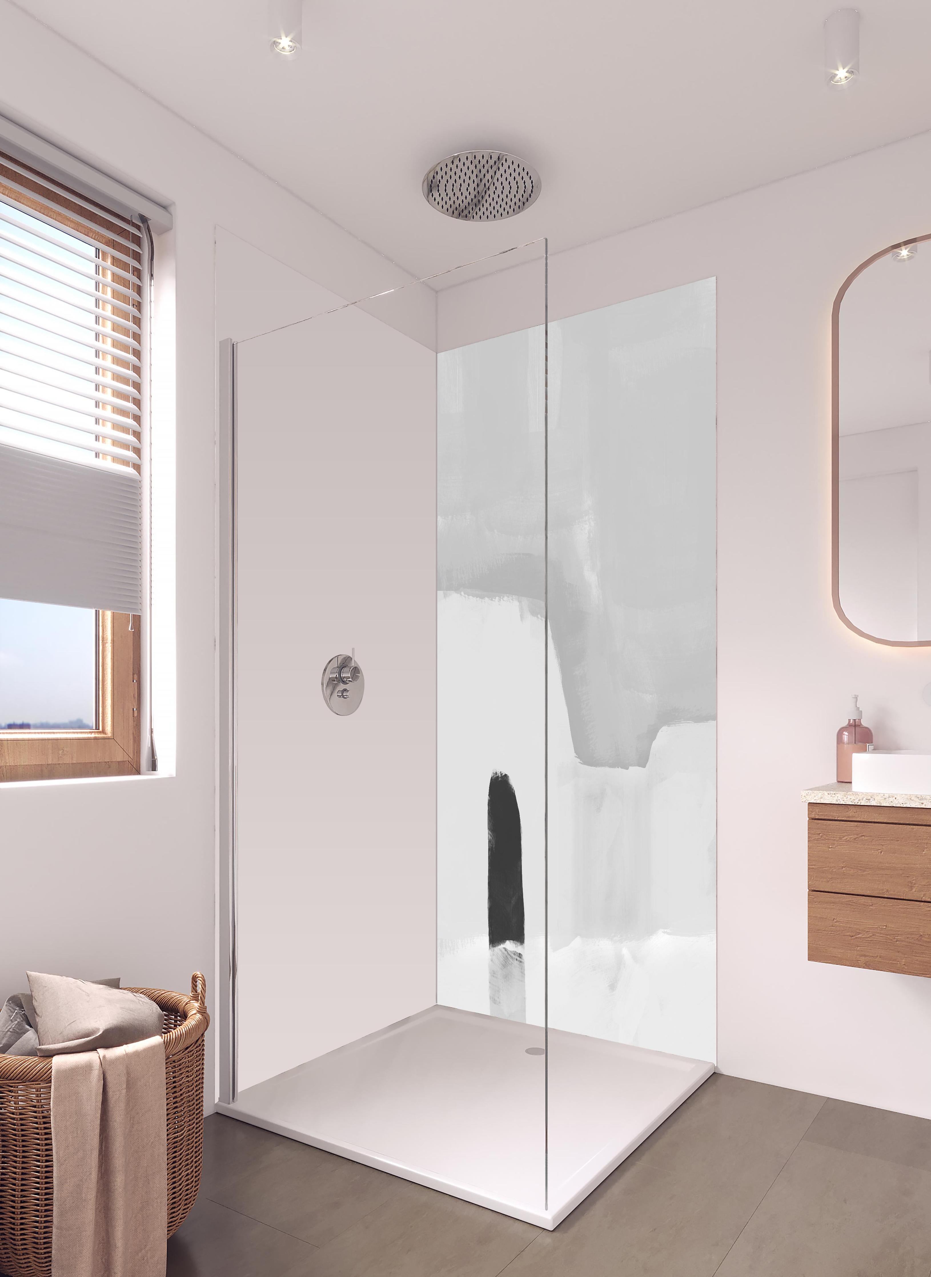 Duschrückwand - Abstraktes Gemälde - Pinselstriche in hellem Badezimmer mit Regenduschkopf - zweiteilige Eck-Duschrückwand