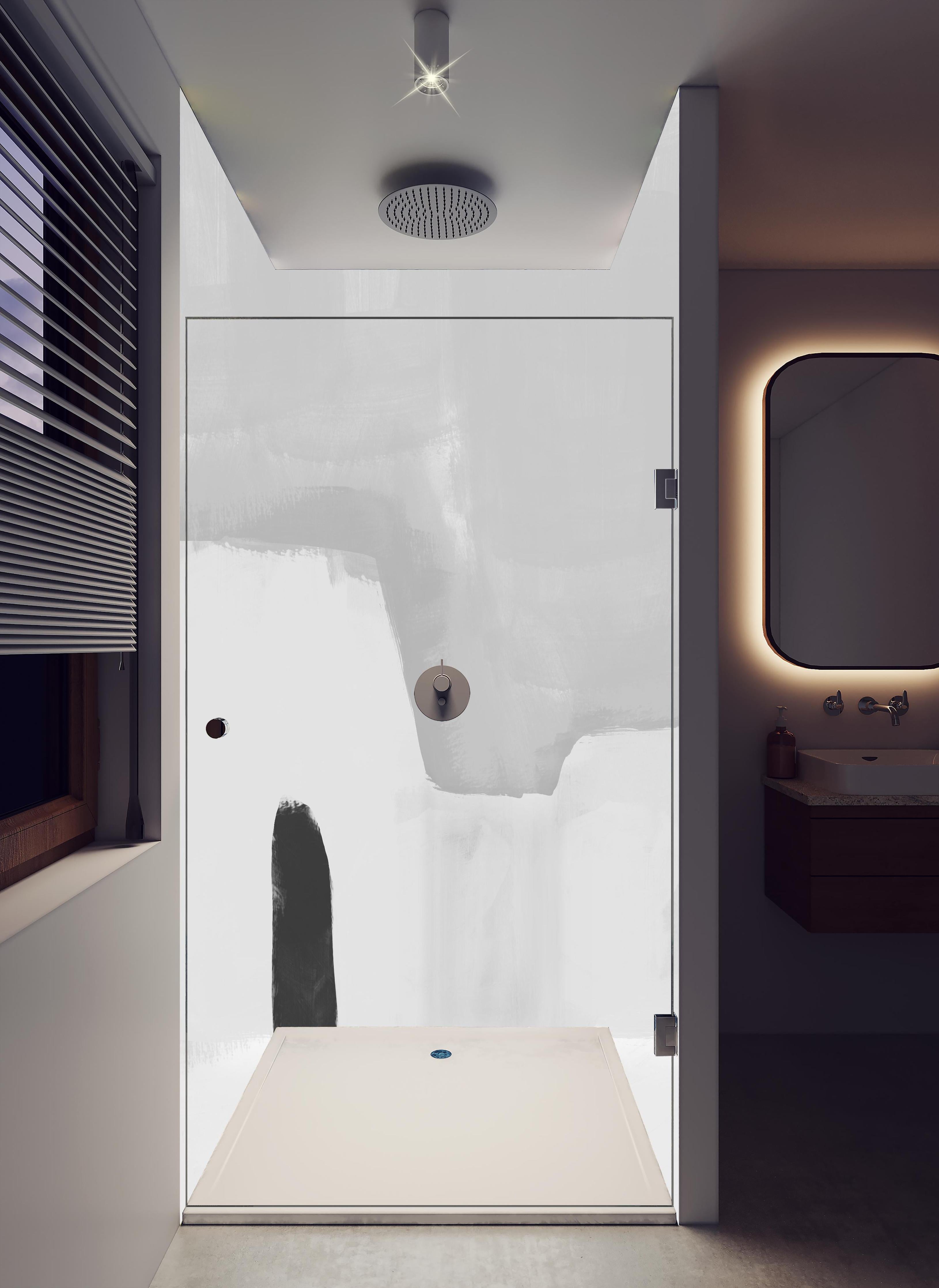 Duschrückwand - Abstraktes Gemälde - Pinselstriche in hellem Badezimmer mit Regenduschkopf - zweiteilige Eck-Duschrückwand