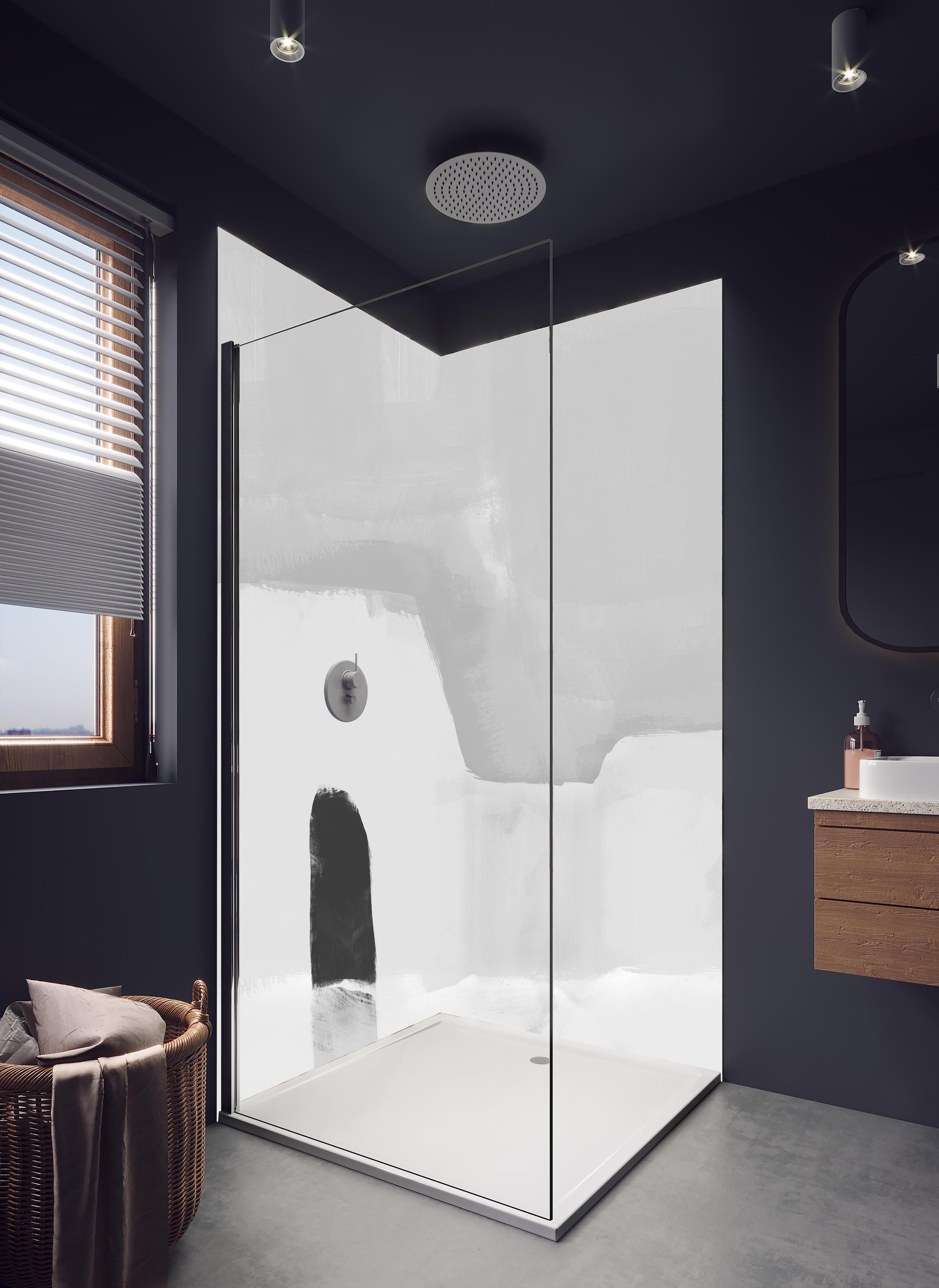 Duschrückwand - Abstraktes Gemälde - Pinselstriche in hellem Badezimmer mit Regenduschkopf - zweiteilige Eck-Duschrückwand