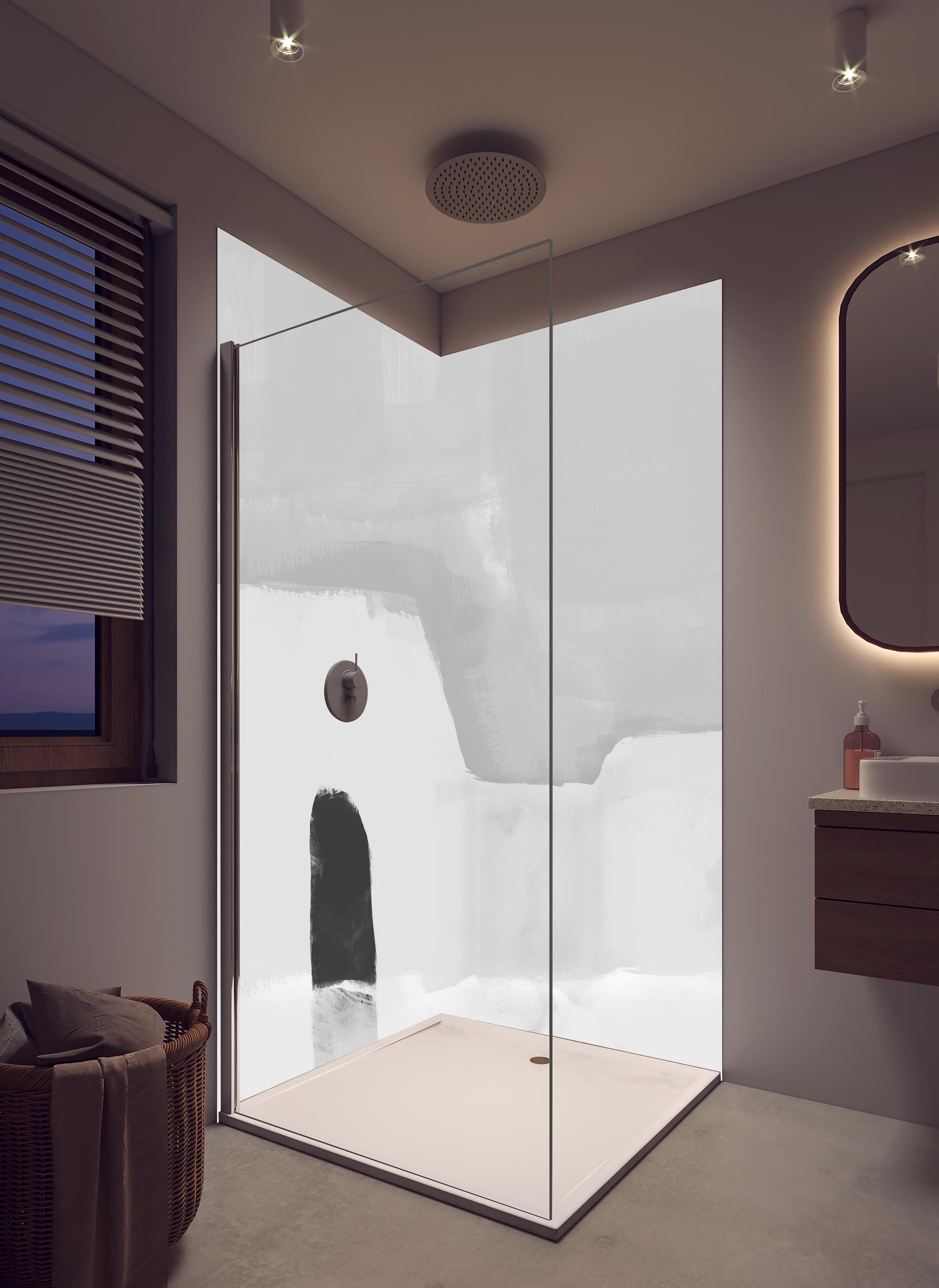 Duschrückwand - Abstraktes Gemälde - Pinselstriche in hellem Badezimmer mit Regenduschkopf - zweiteilige Eck-Duschrückwand