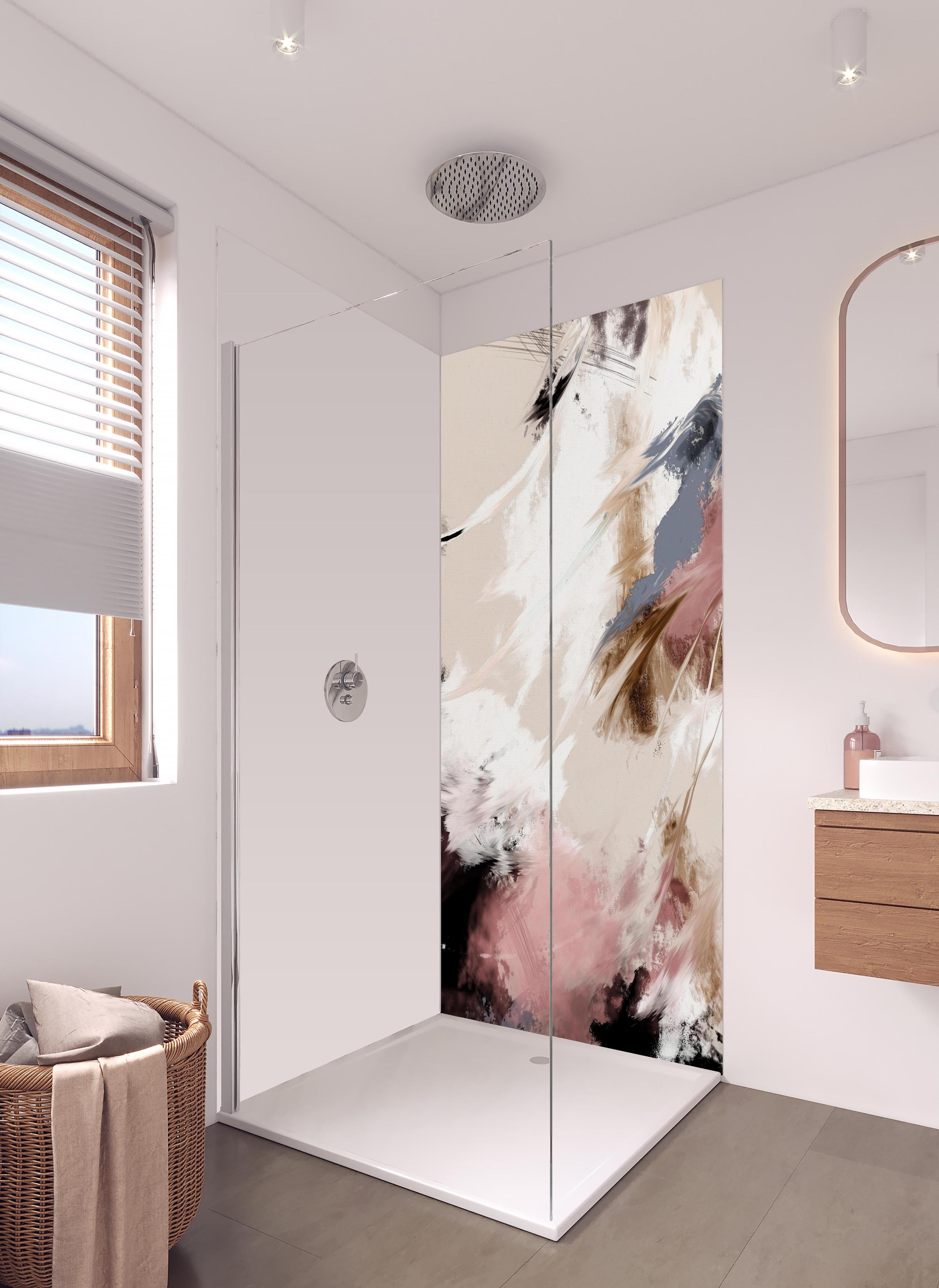 Duschrückwand - Abstraktes Gemälde - Wolken Muster in hellem Badezimmer mit Regenduschkopf - zweiteilige Eck-Duschrückwand