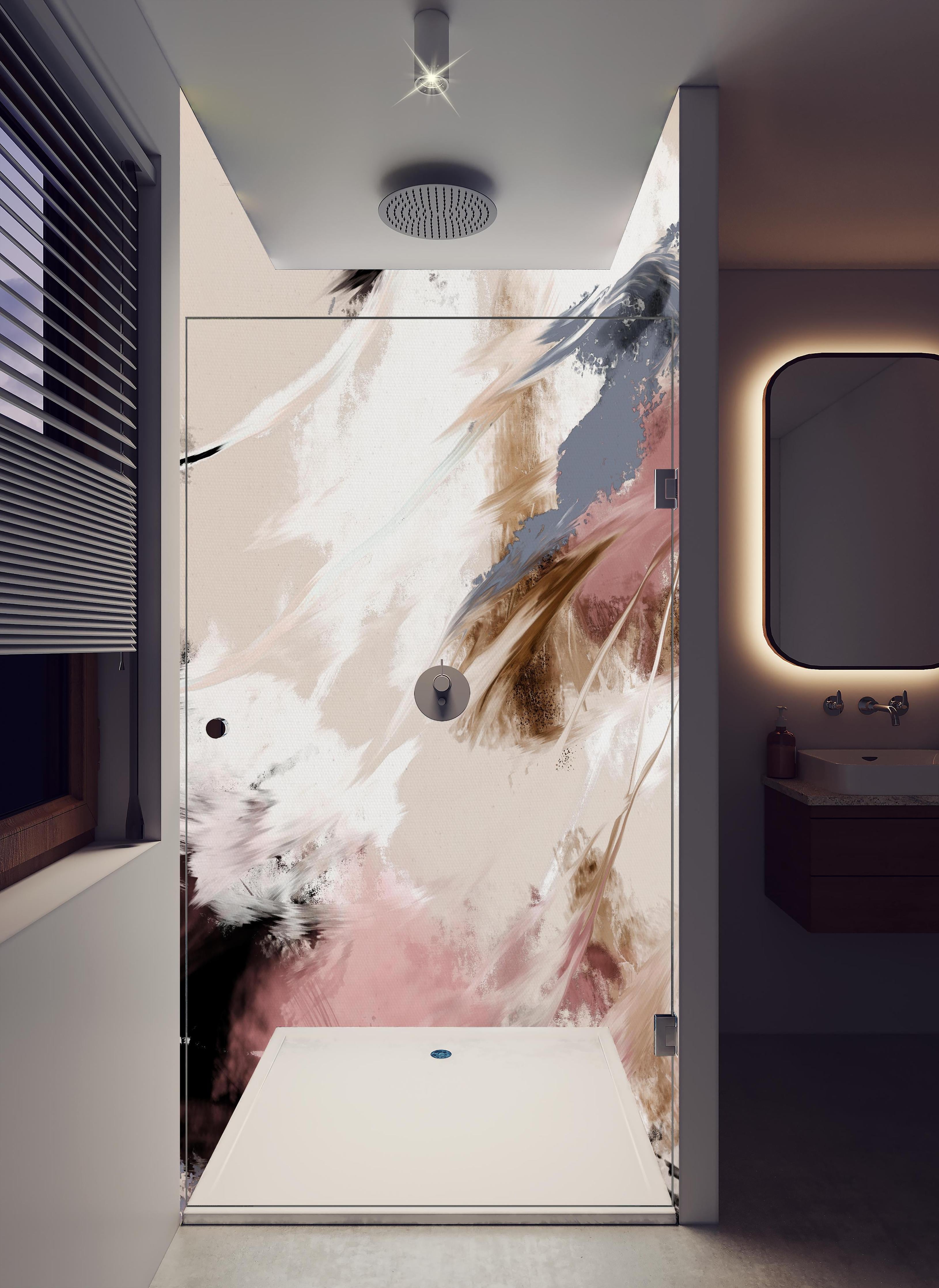 Duschrückwand - Abstraktes Gemälde - Wolken Muster in hellem Badezimmer mit Regenduschkopf - zweiteilige Eck-Duschrückwand