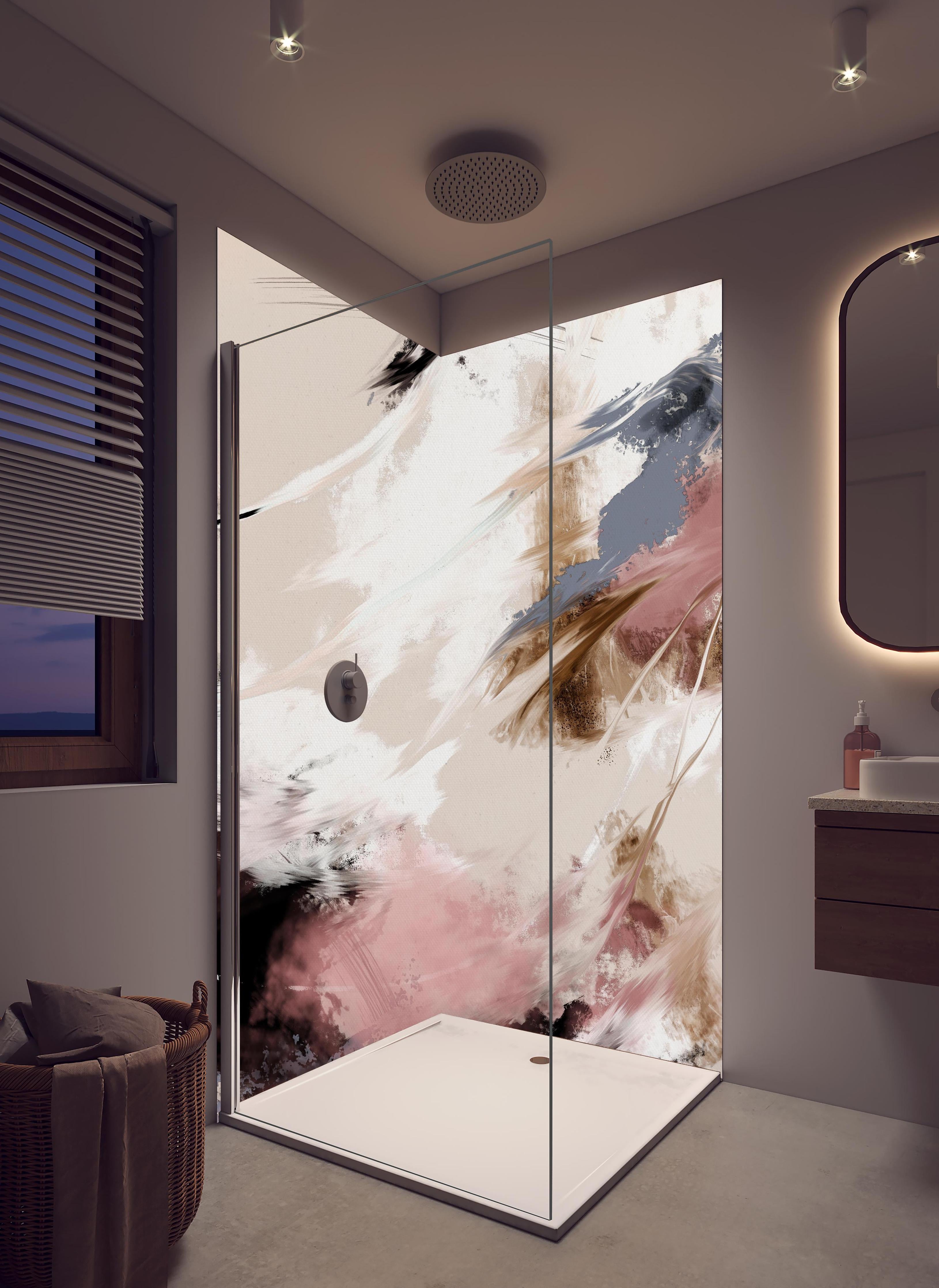 Duschrückwand - Abstraktes Gemälde - Wolken Muster in hellem Badezimmer mit Regenduschkopf - zweiteilige Eck-Duschrückwand