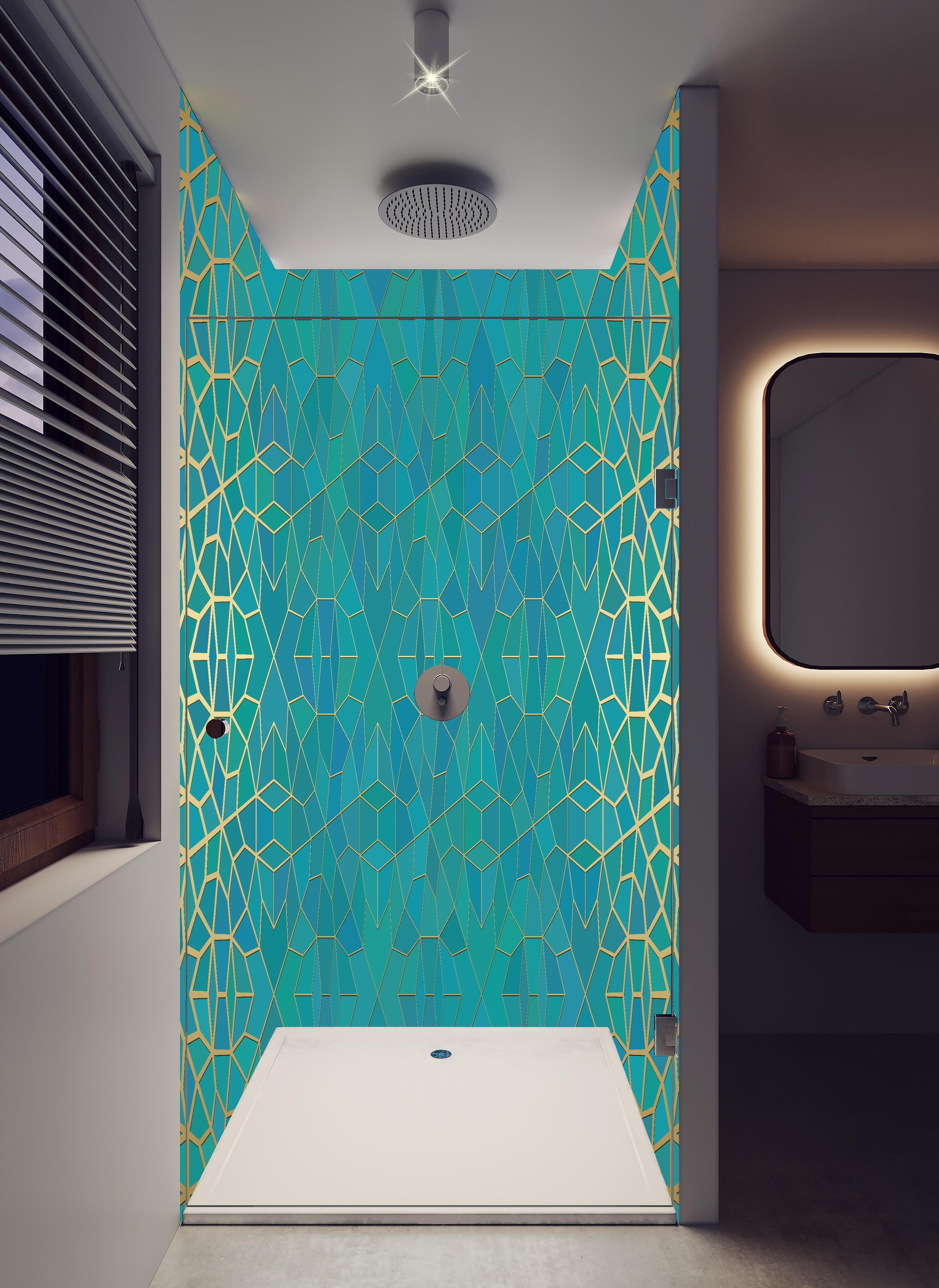 Duschrückwand - Abstraktes Gradientenmuster in Blau und Gold in hellem Badezimmer mit Regenduschkopf - zweiteilige Eck-Duschrückwand