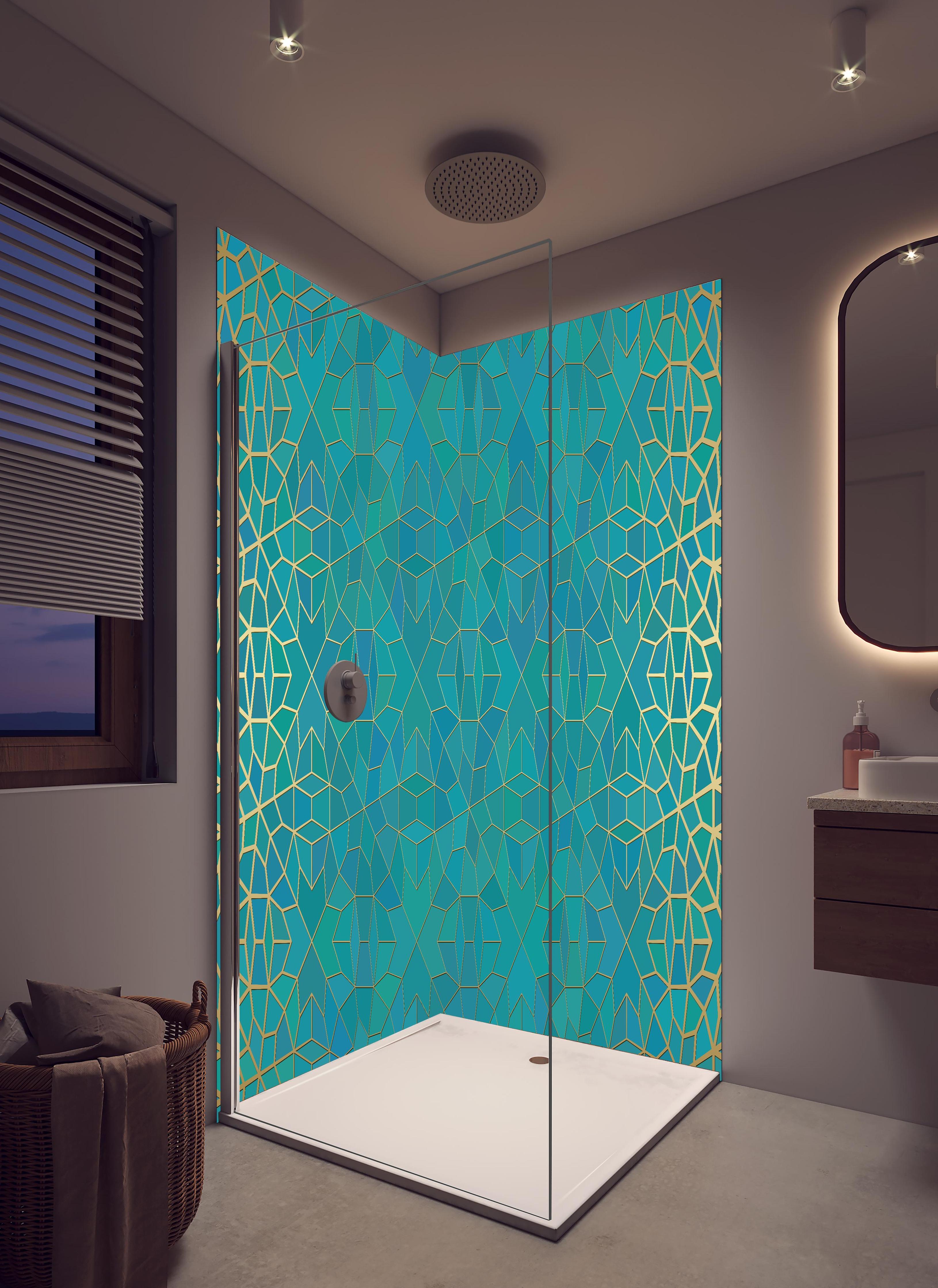 Duschrückwand - Abstraktes Gradientenmuster in Blau und Gold in hellem Badezimmer mit Regenduschkopf - zweiteilige Eck-Duschrückwand