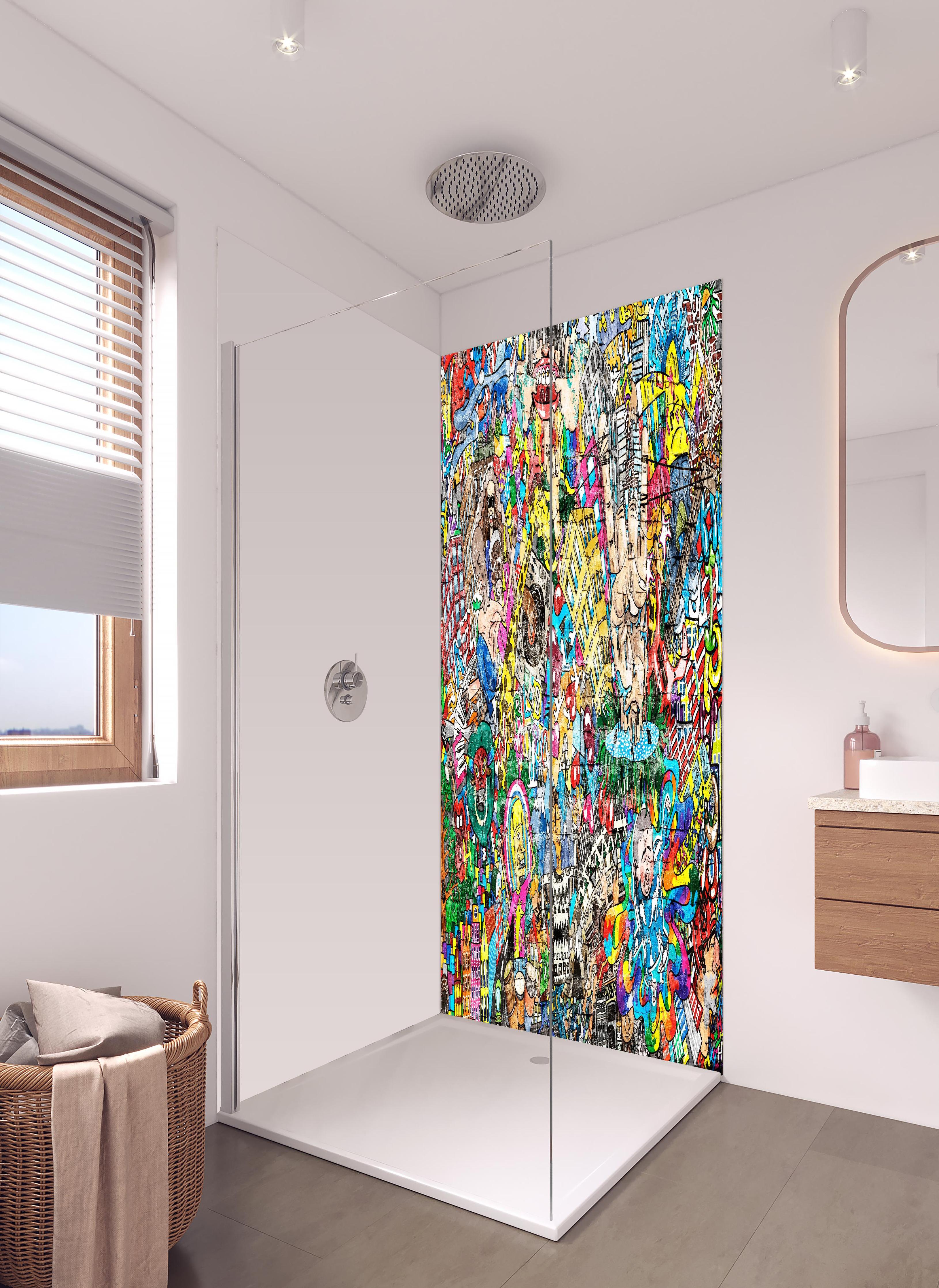 Duschrückwand - Abstraktes Grafitti-Muster in hellem Badezimmer mit Regenduschkopf - zweiteilige Eck-Duschrückwand