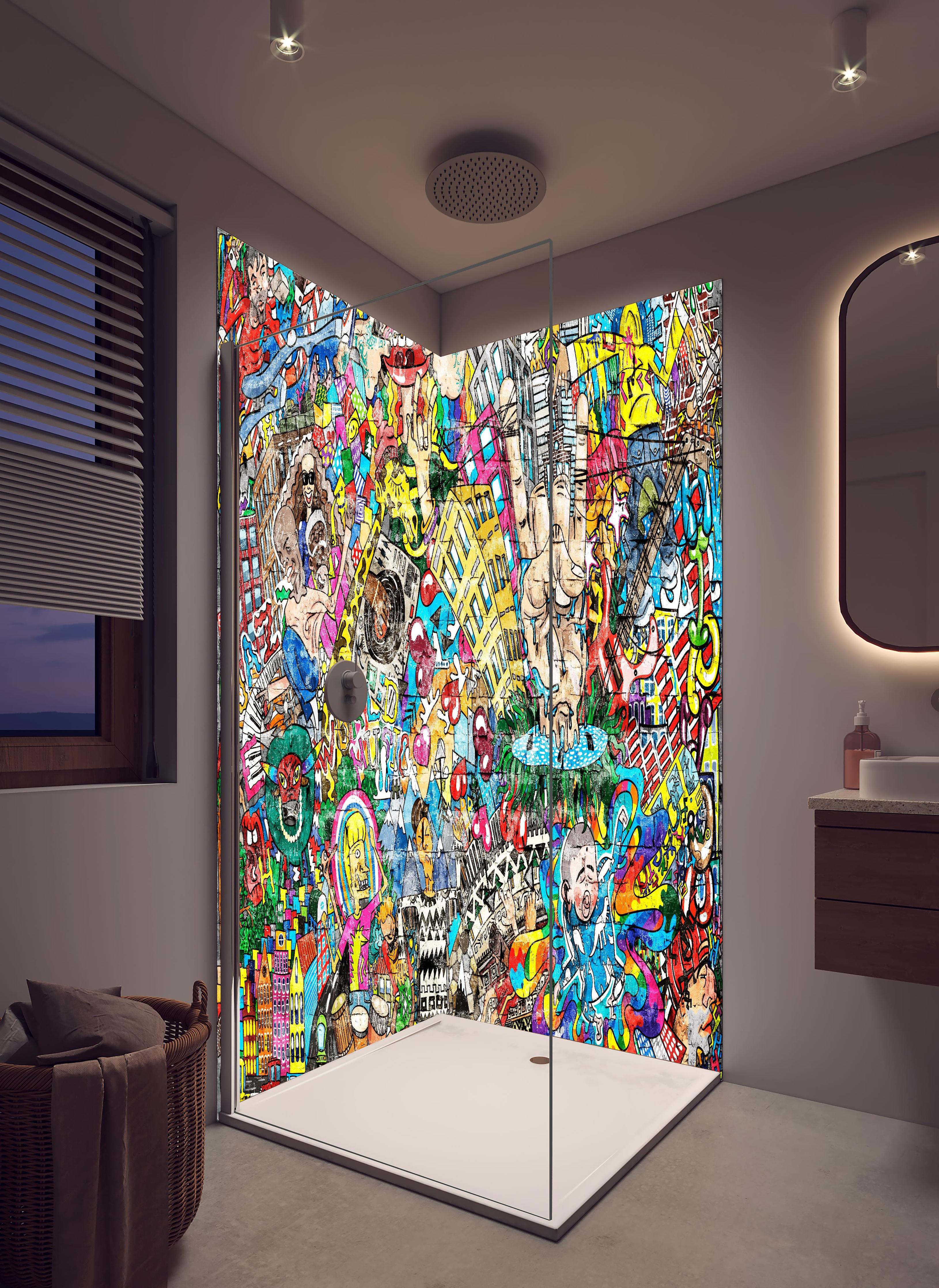Duschrückwand - Abstraktes Grafitti-Muster in hellem Badezimmer mit Regenduschkopf - zweiteilige Eck-Duschrückwand