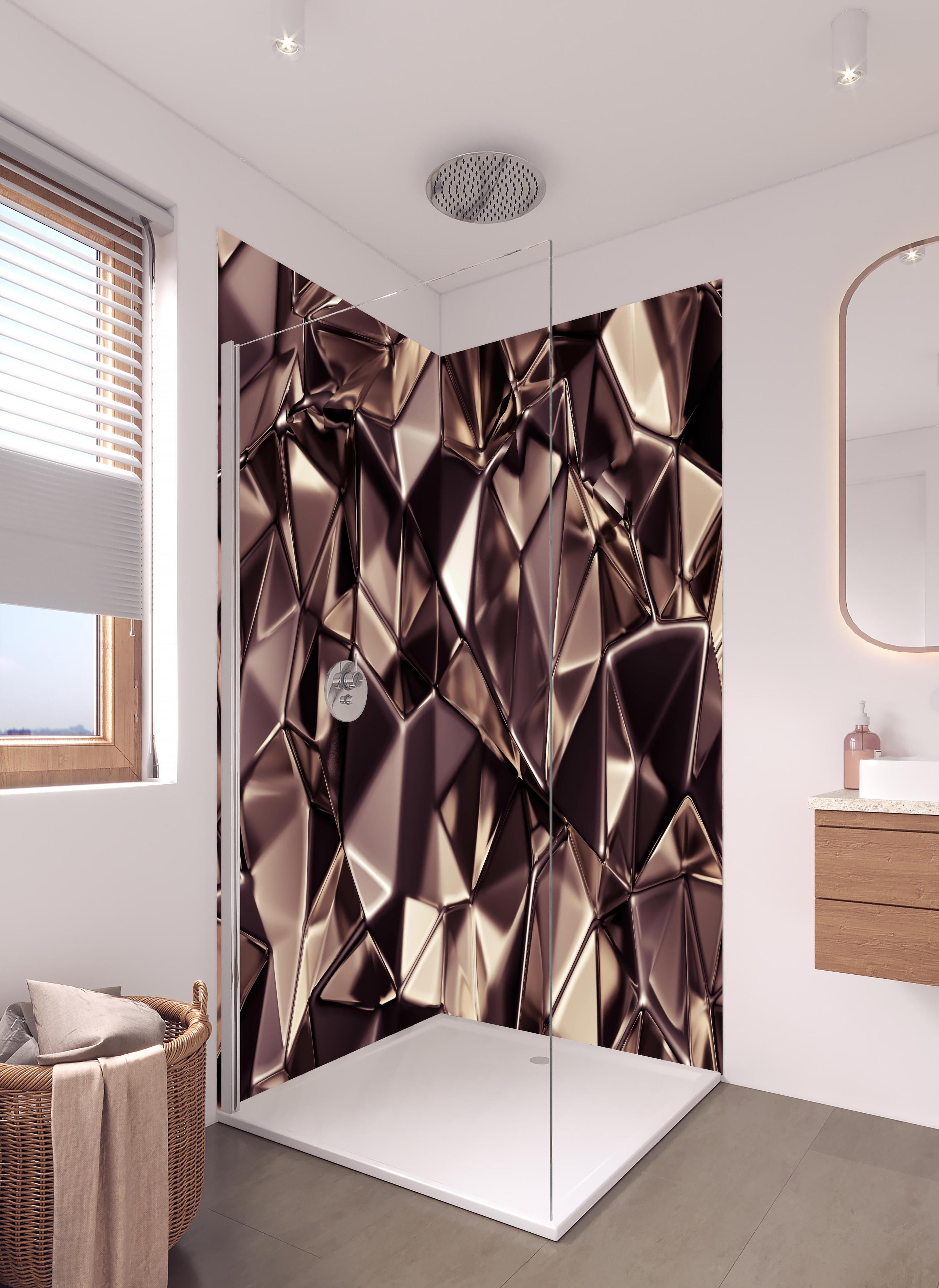 Duschrückwand - Abstraktes Kristall Muster in hellem Badezimmer mit Regenduschkopf - zweiteilige Eck-Duschrückwand