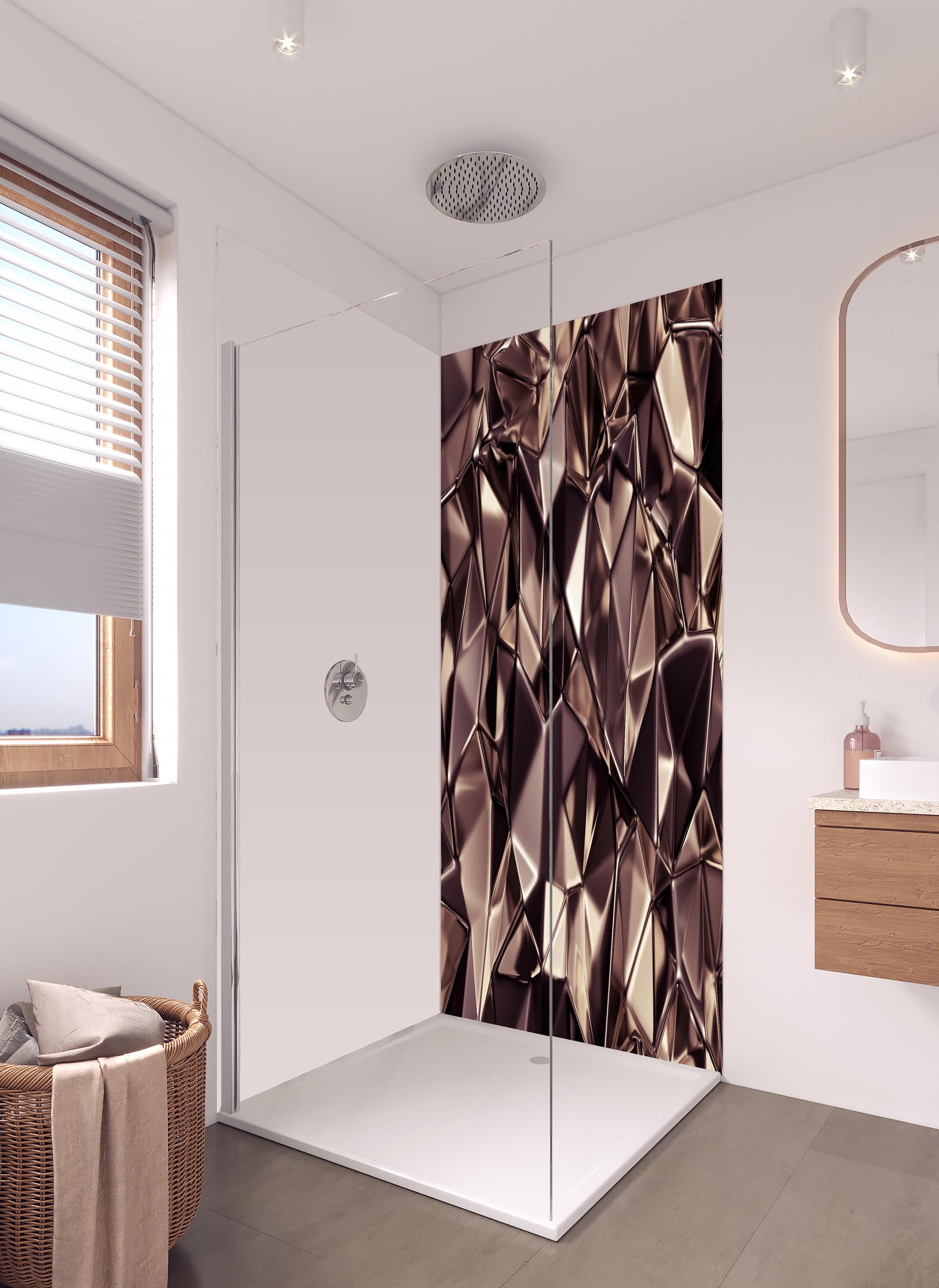 Duschrückwand - Abstraktes Kristall Muster in hellem Badezimmer mit Regenduschkopf - zweiteilige Eck-Duschrückwand