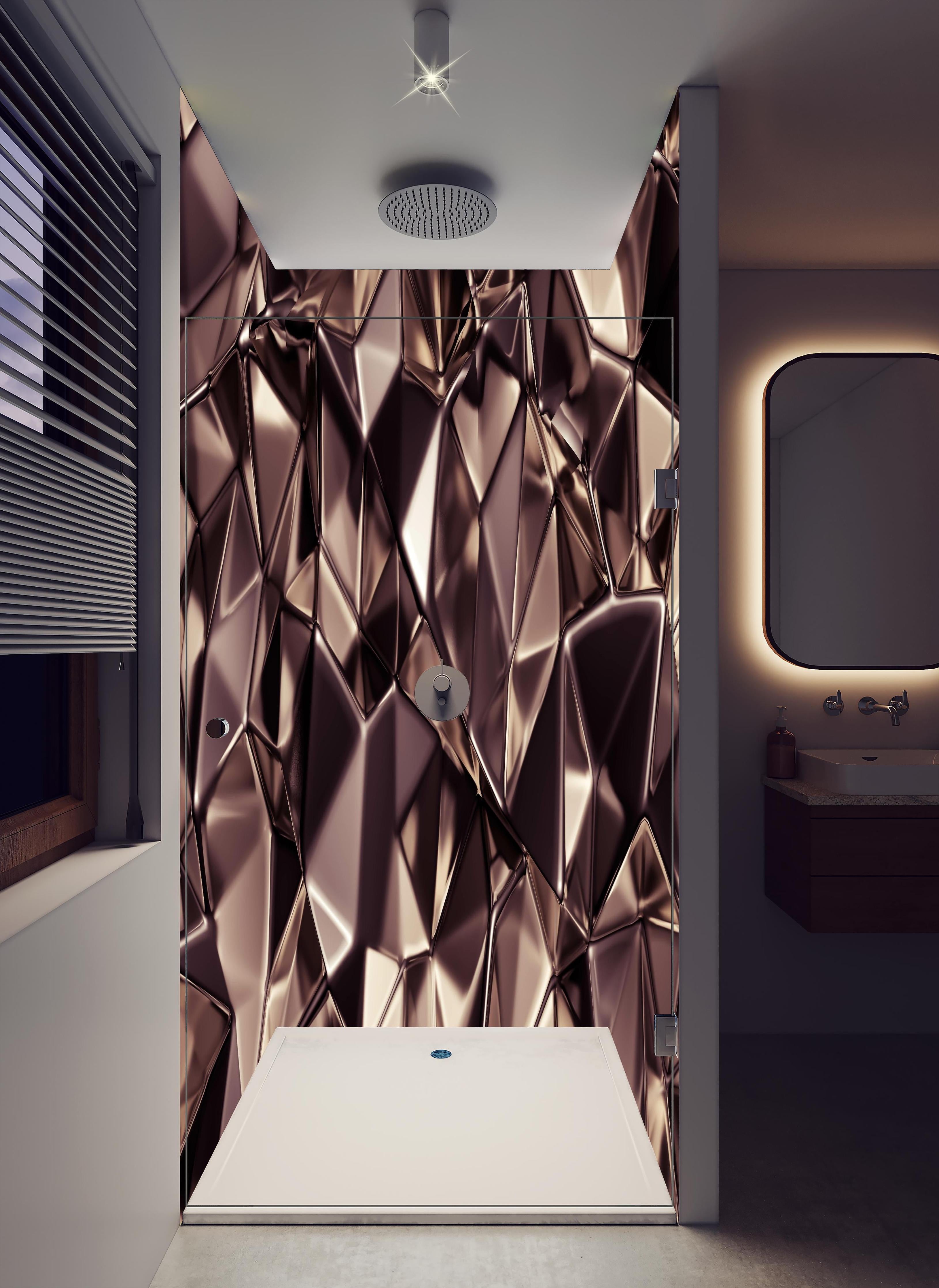 Duschrückwand - Abstraktes Kristall Muster in hellem Badezimmer mit Regenduschkopf - zweiteilige Eck-Duschrückwand