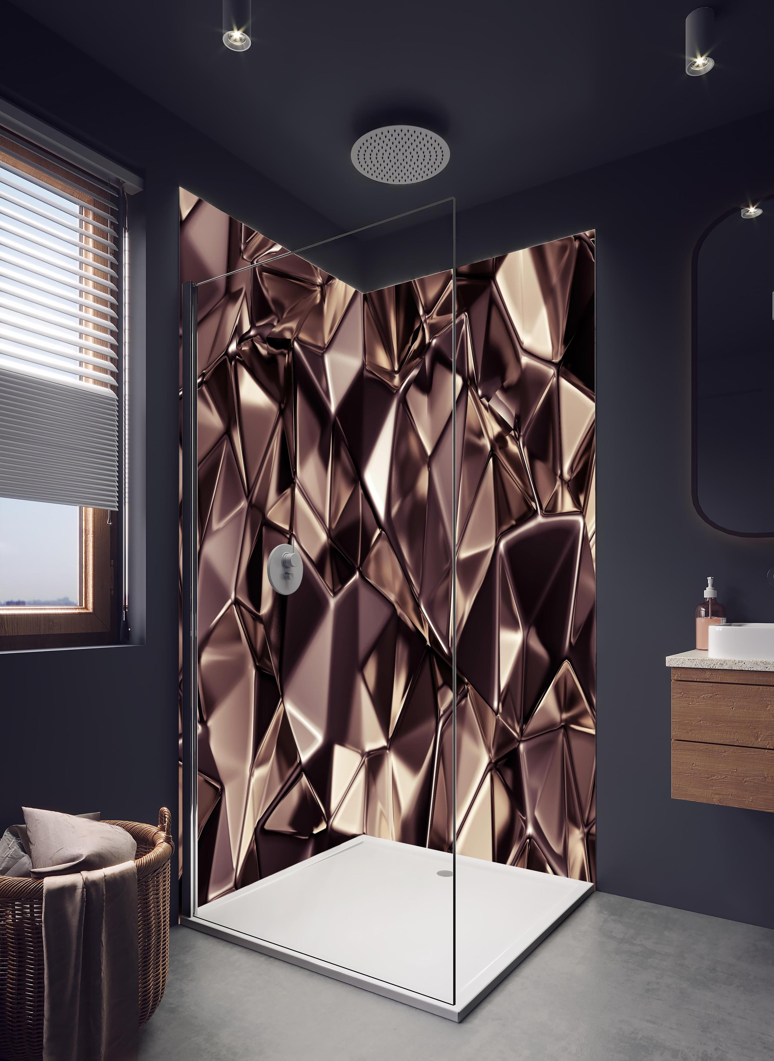 Duschrückwand - Abstraktes Kristall Muster in hellem Badezimmer mit Regenduschkopf - zweiteilige Eck-Duschrückwand