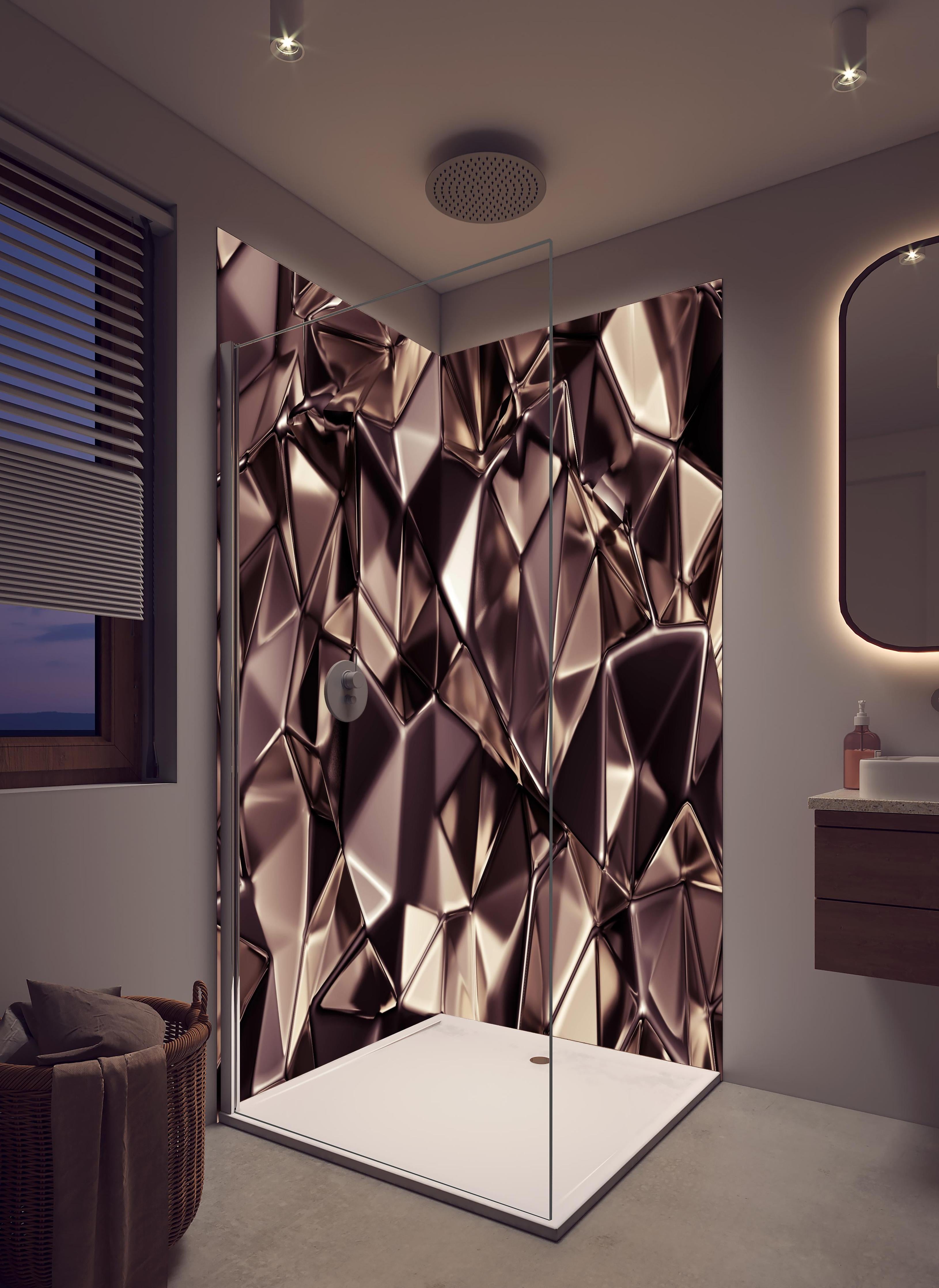 Duschrückwand - Abstraktes Kristall Muster in hellem Badezimmer mit Regenduschkopf - zweiteilige Eck-Duschrückwand