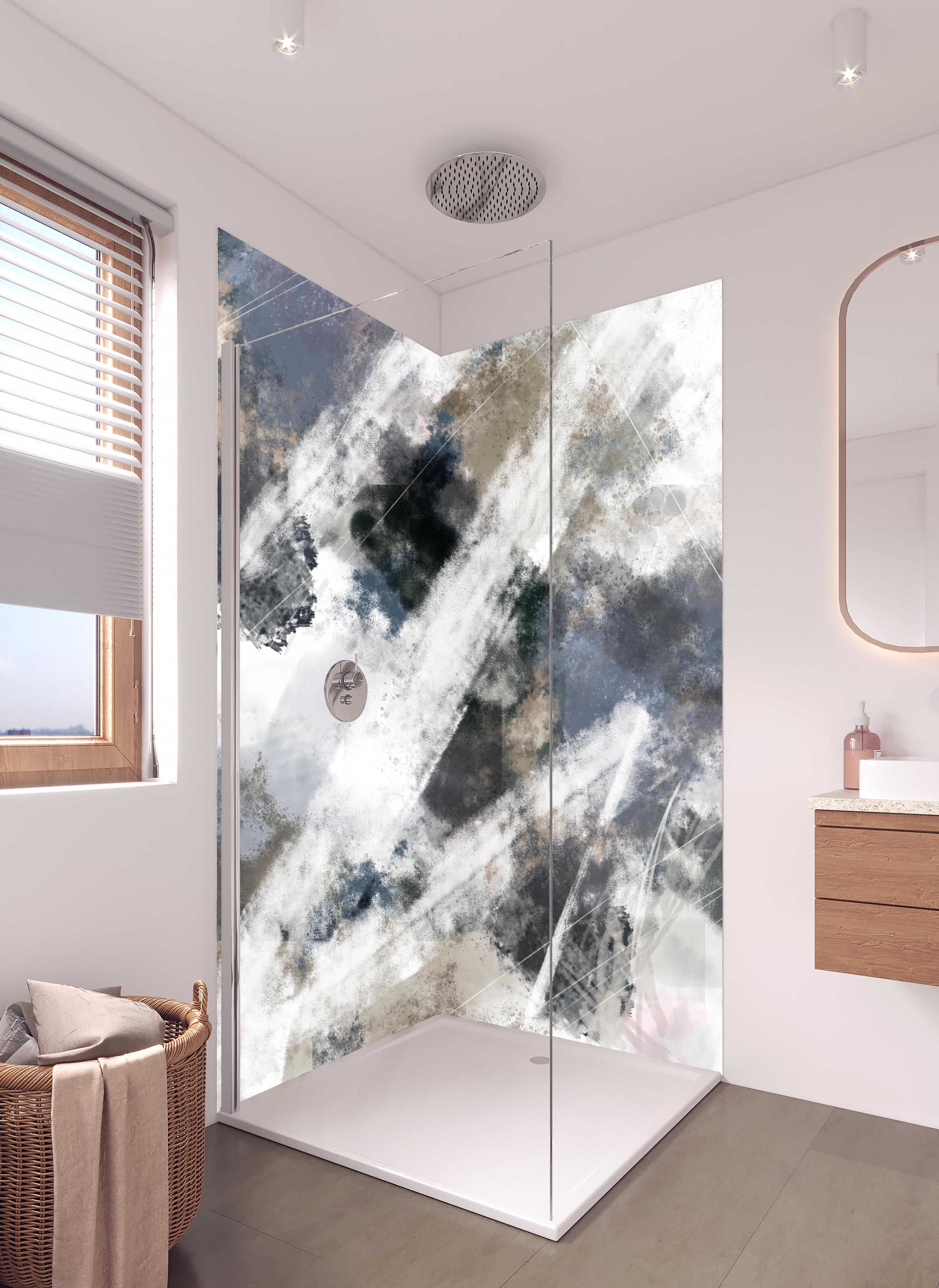Duschrückwand - Abstraktes Muster - Modern in hellem Badezimmer mit Regenduschkopf - zweiteilige Eck-Duschrückwand