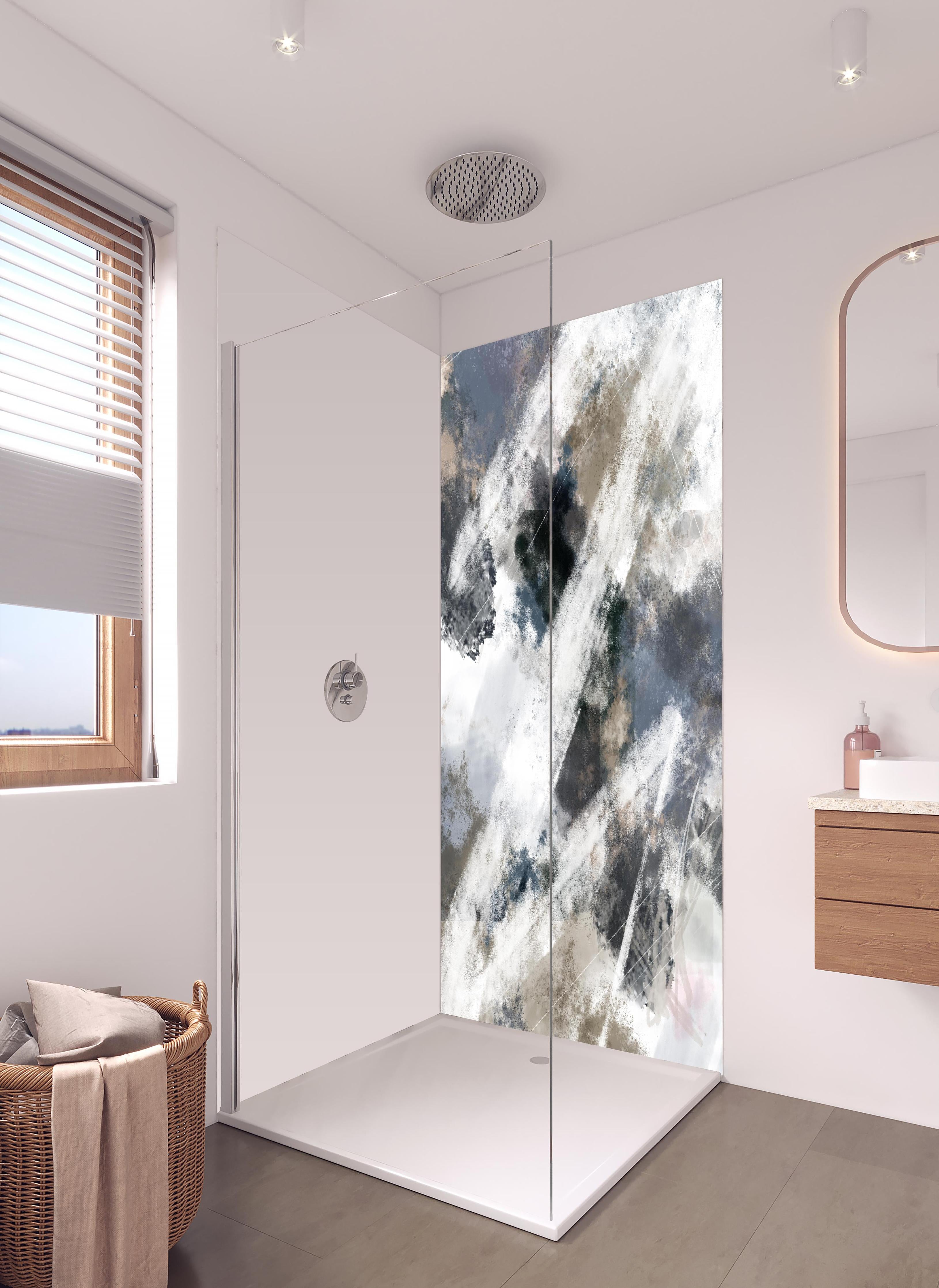Duschrückwand - Abstraktes Muster - Modern in hellem Badezimmer mit Regenduschkopf - zweiteilige Eck-Duschrückwand