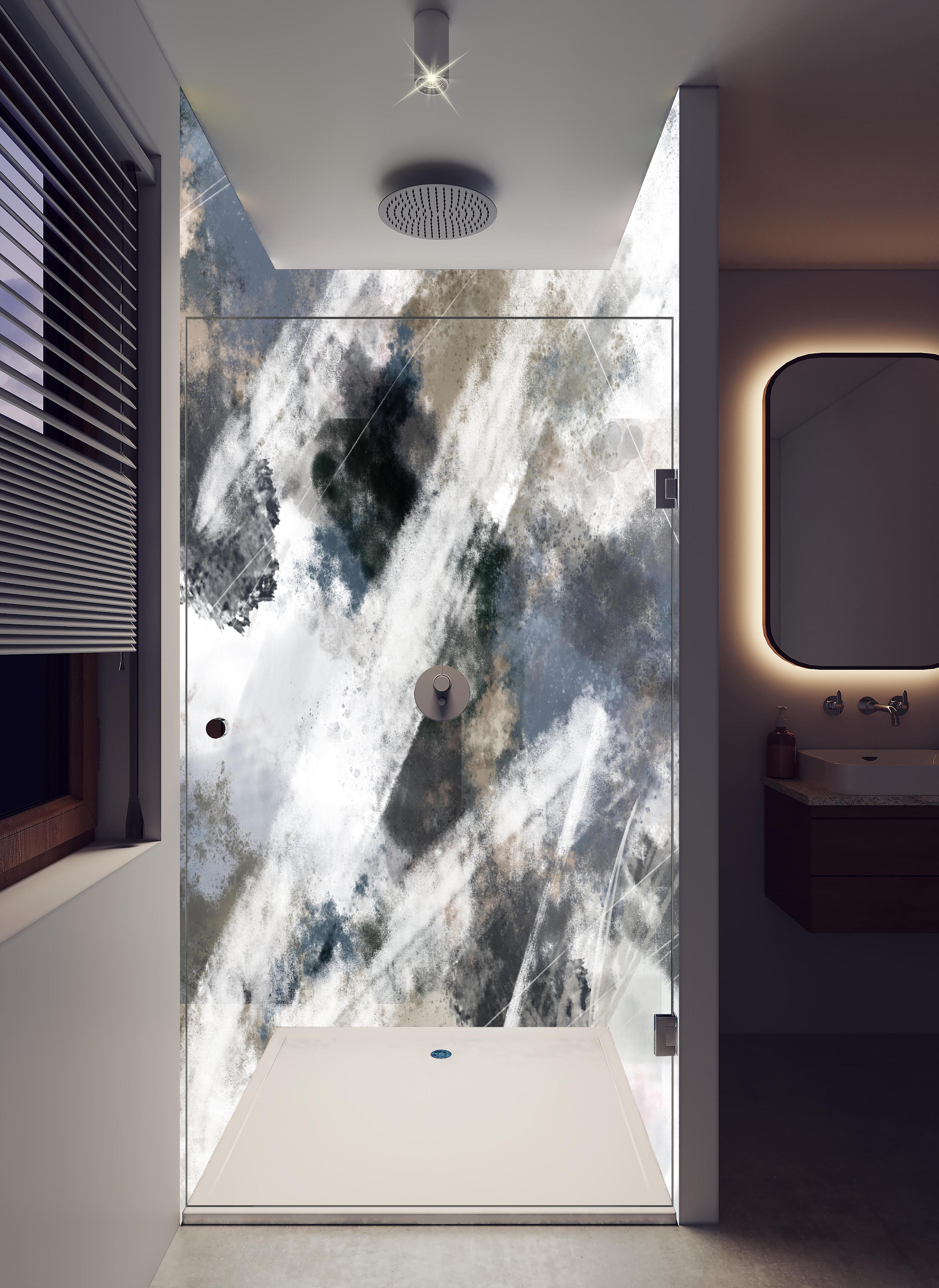 Duschrückwand - Abstraktes Muster - Modern in hellem Badezimmer mit Regenduschkopf - zweiteilige Eck-Duschrückwand