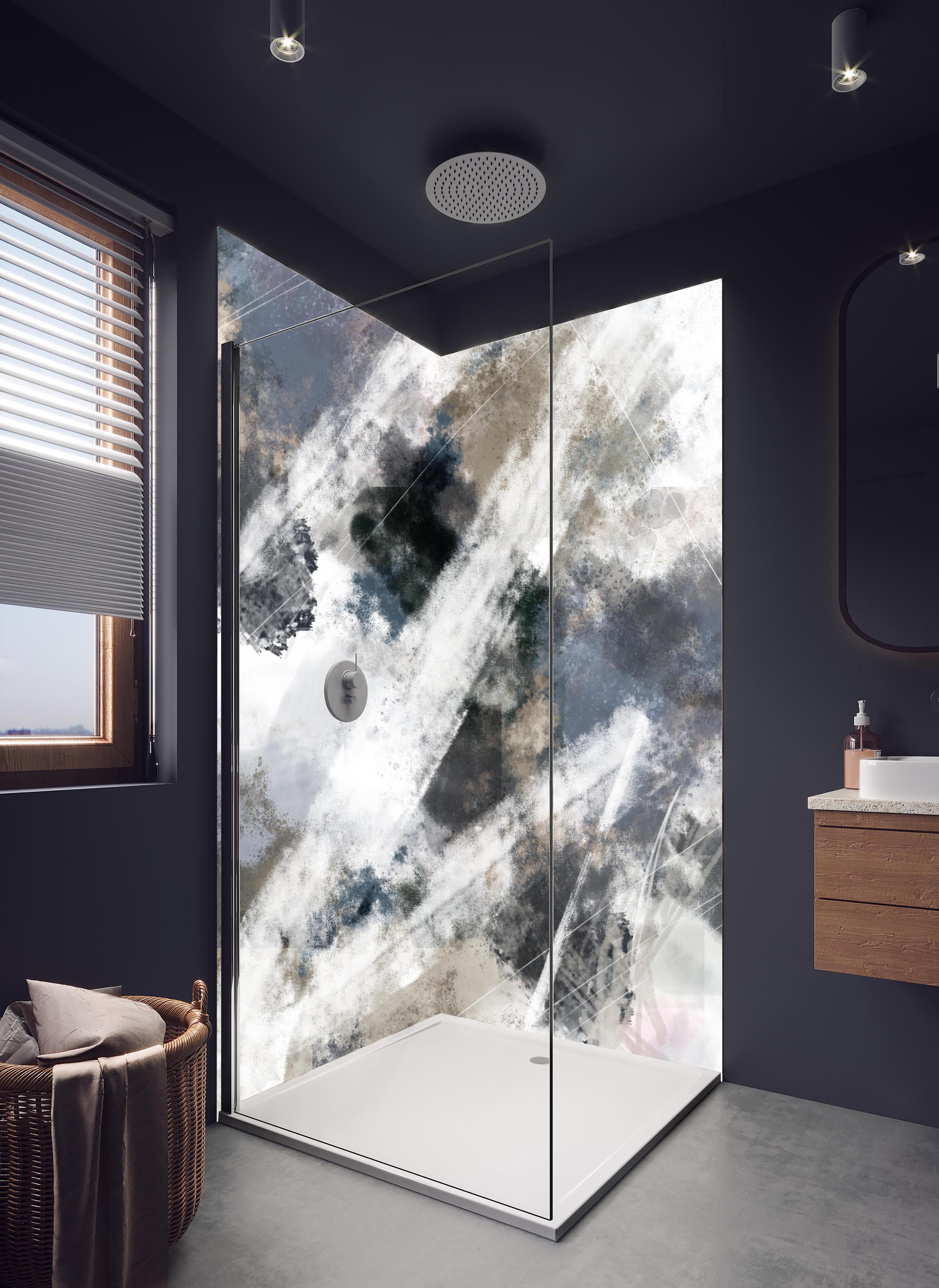 Duschrückwand - Abstraktes Muster - Modern in hellem Badezimmer mit Regenduschkopf - zweiteilige Eck-Duschrückwand