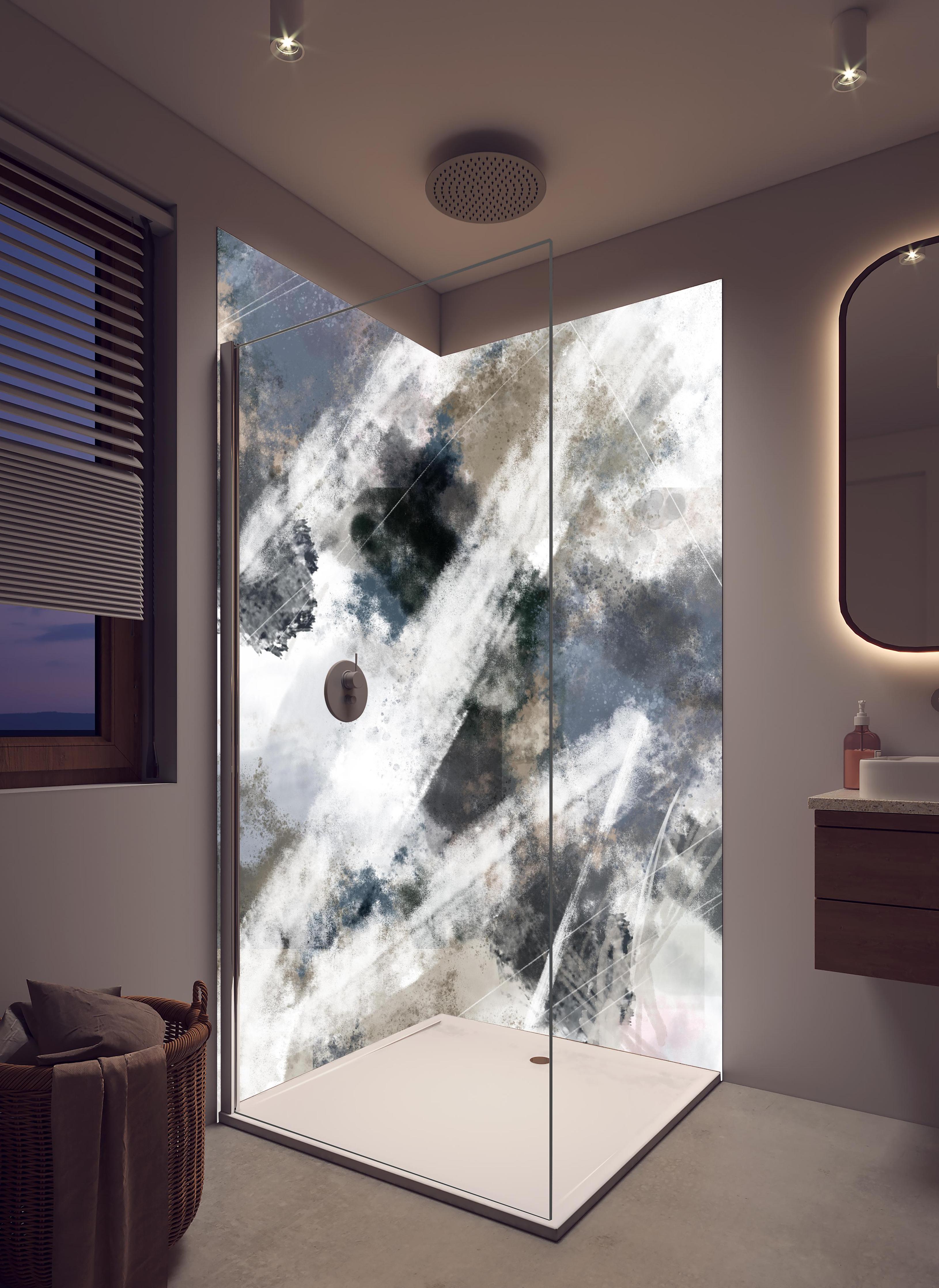 Duschrückwand - Abstraktes Muster - Modern in hellem Badezimmer mit Regenduschkopf - zweiteilige Eck-Duschrückwand