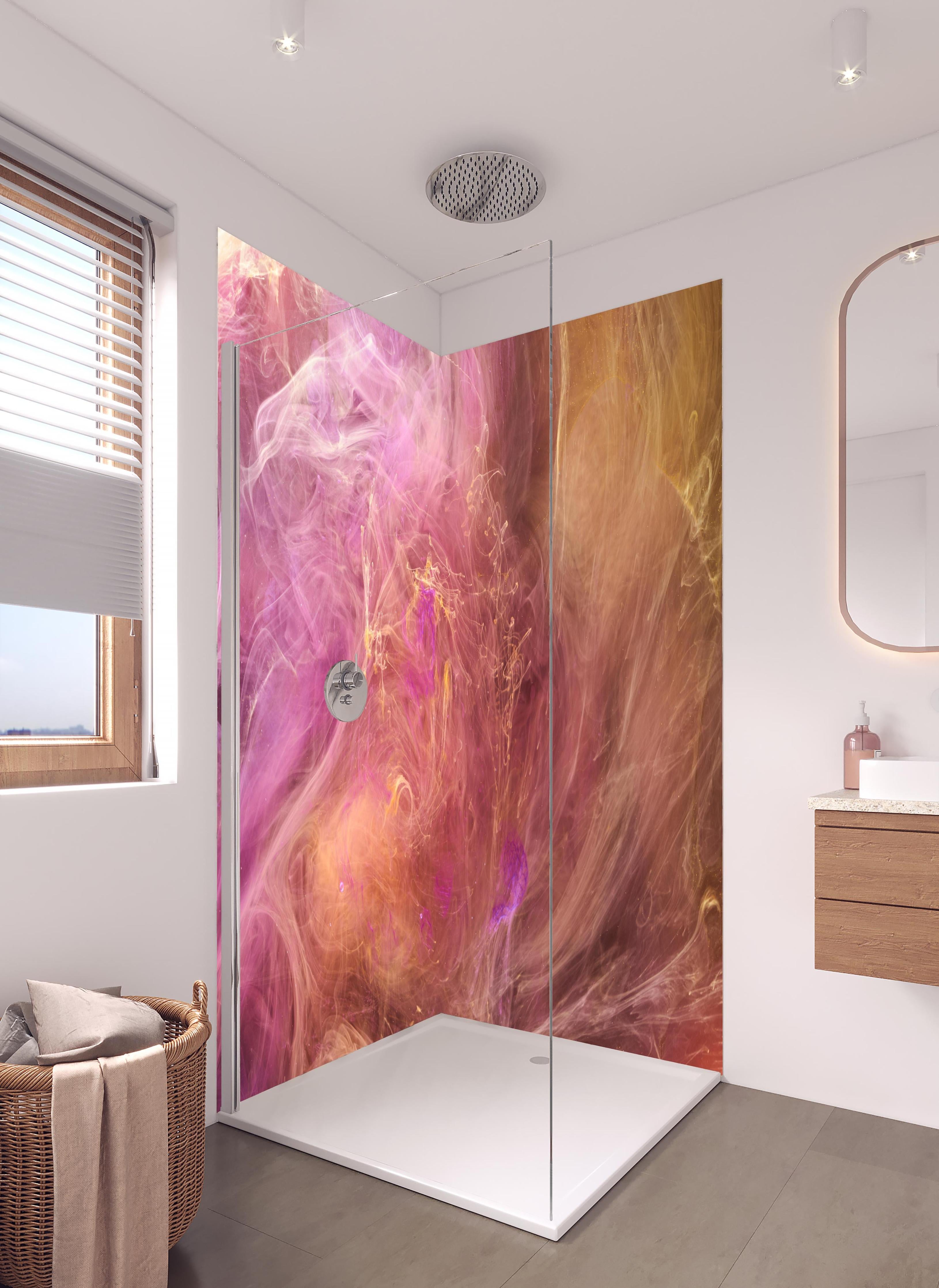 Duschrückwand - Abstraktes Muster -Flüssigkunst in hellem Badezimmer mit Regenduschkopf - zweiteilige Eck-Duschrückwand